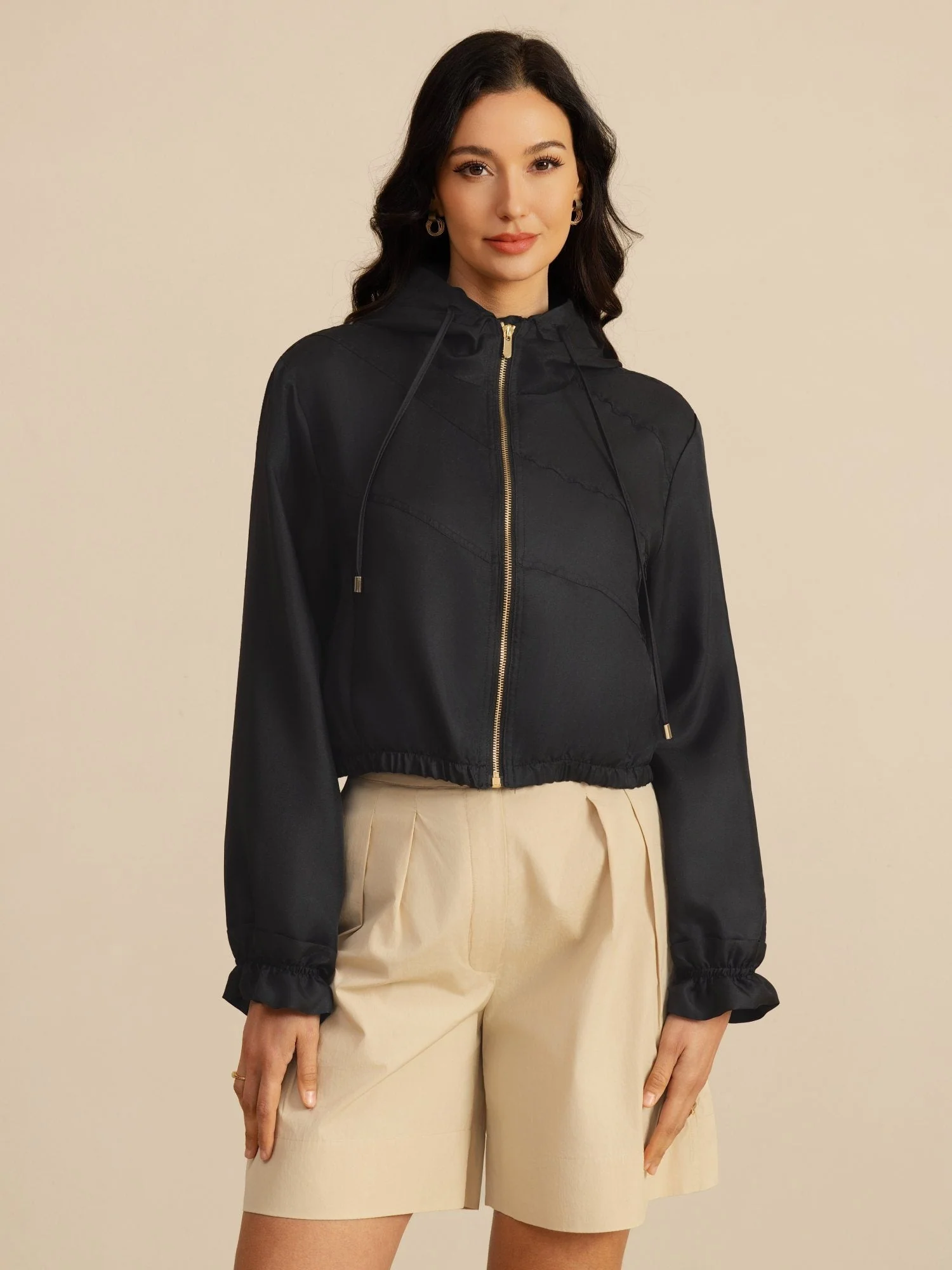 Reine Seide Damen Kurze Kapuzenjacke Mit Taschen - Image 9