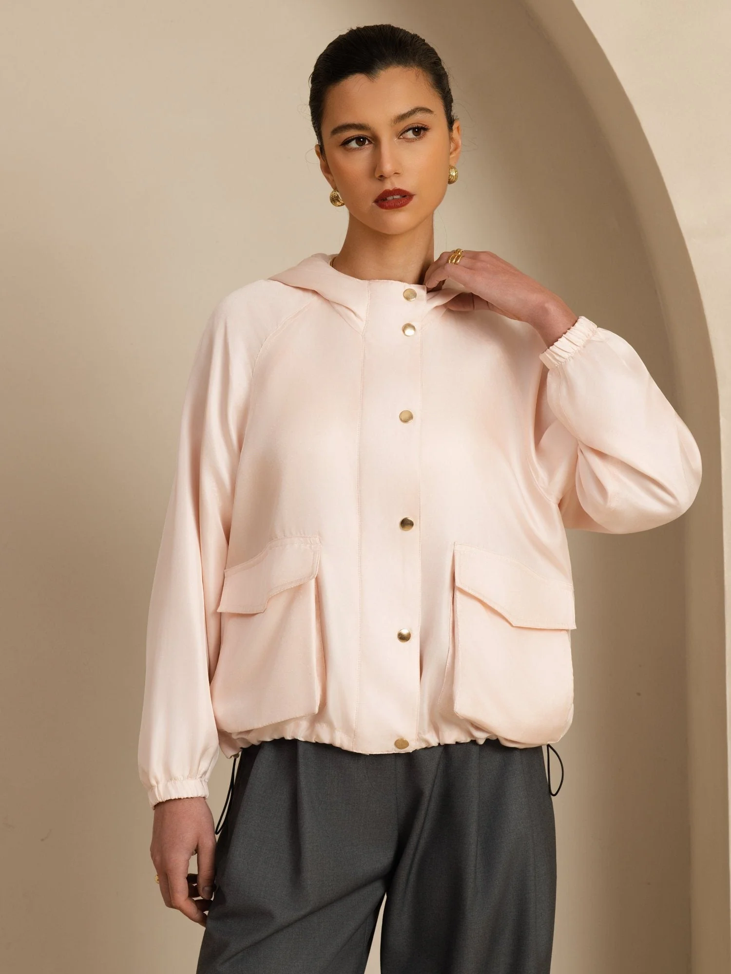 Reine Seide Damen Kapuzenjacke Mit Großen Klappentaschen - Image 25