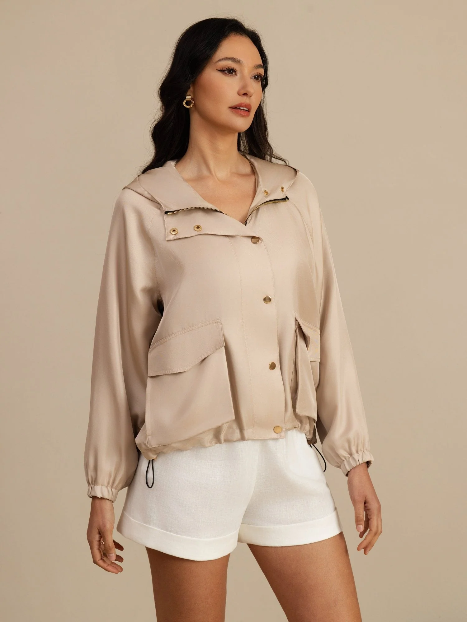 Reine Seide Damen Kapuzenjacke Mit Großen Klappentaschen - Image 4