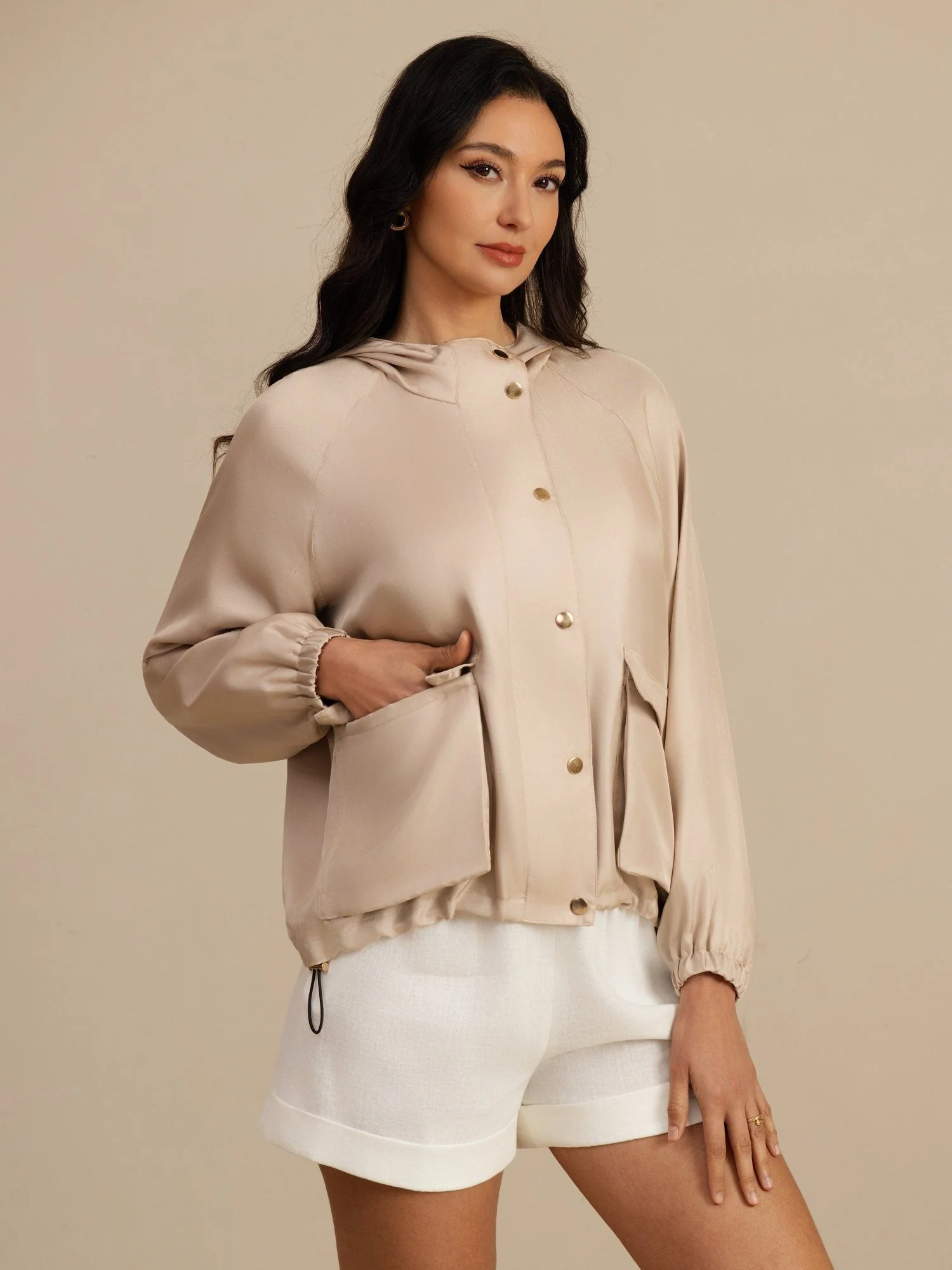 Reine Seide Damen Kapuzenjacke Mit Großen Klappentaschen - Image 5