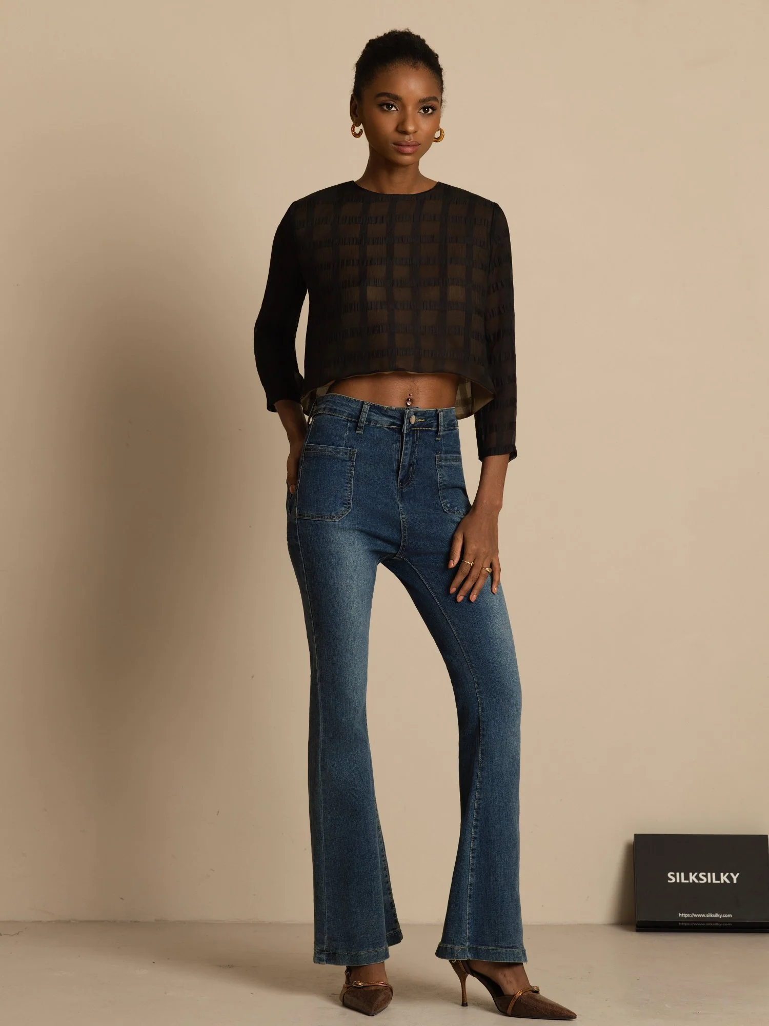 Reine Seide Damen Langarm Texturiert Gitter Kurze Bluse Mit Rückenbändern - Image 6