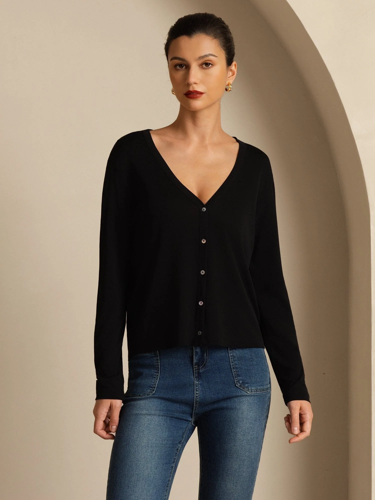 Pure Silk Damen V-Ausschnitt Langarm Basic Strickjacke - Image 9