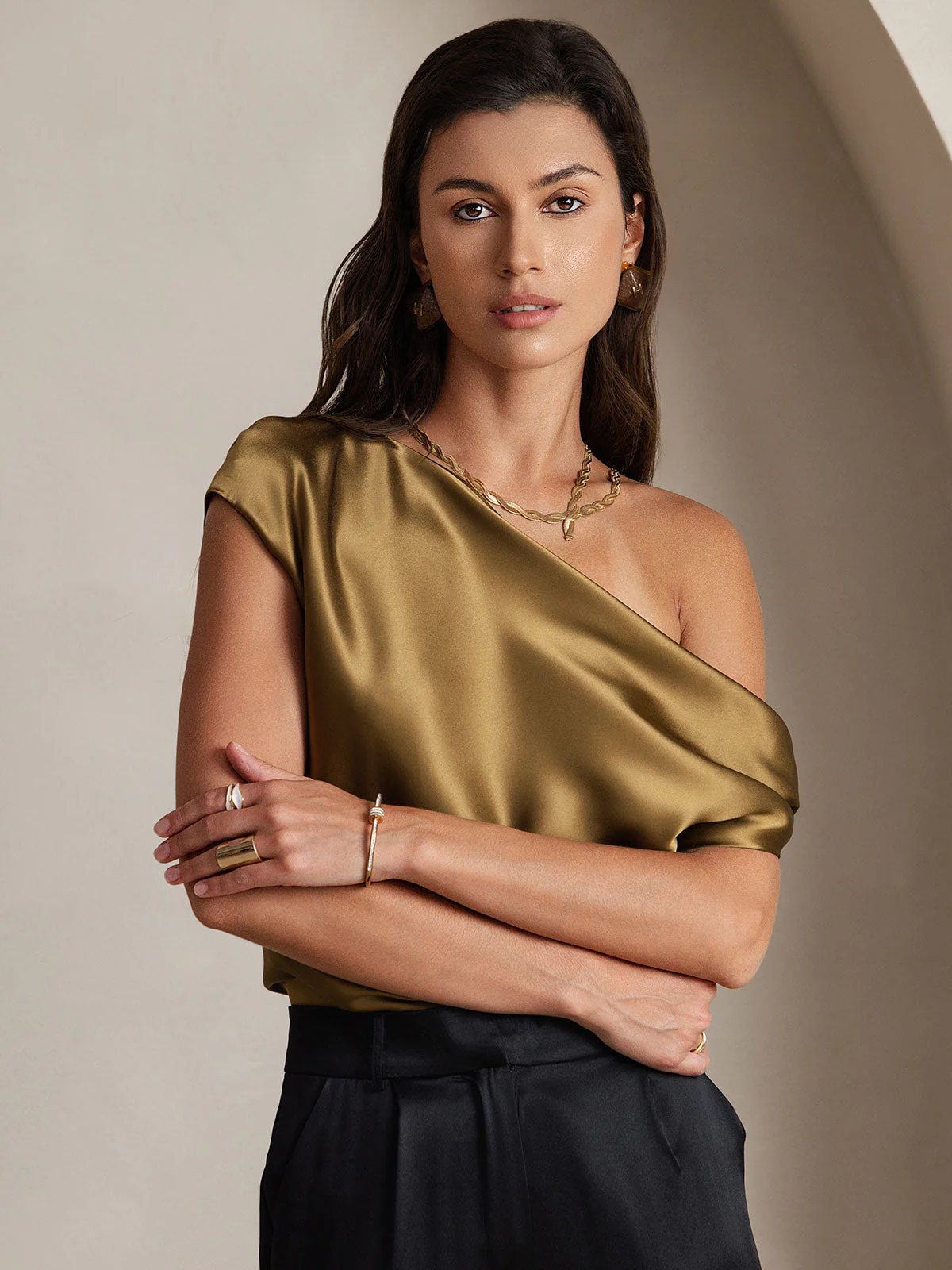 Clearance - 19Momme Seide Schicke Ein-Schulter Bluse - Image 10