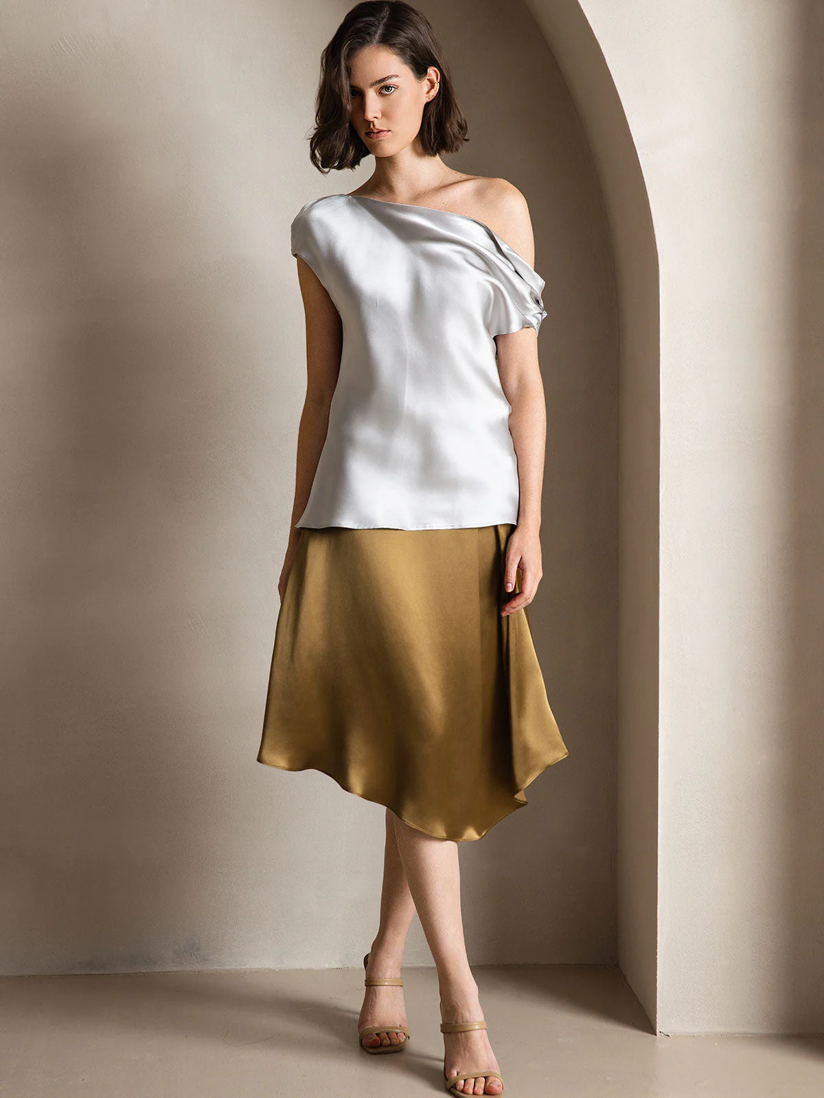 Clearance - 19Momme Seide Schicke Ein-Schulter Bluse - Image 18
