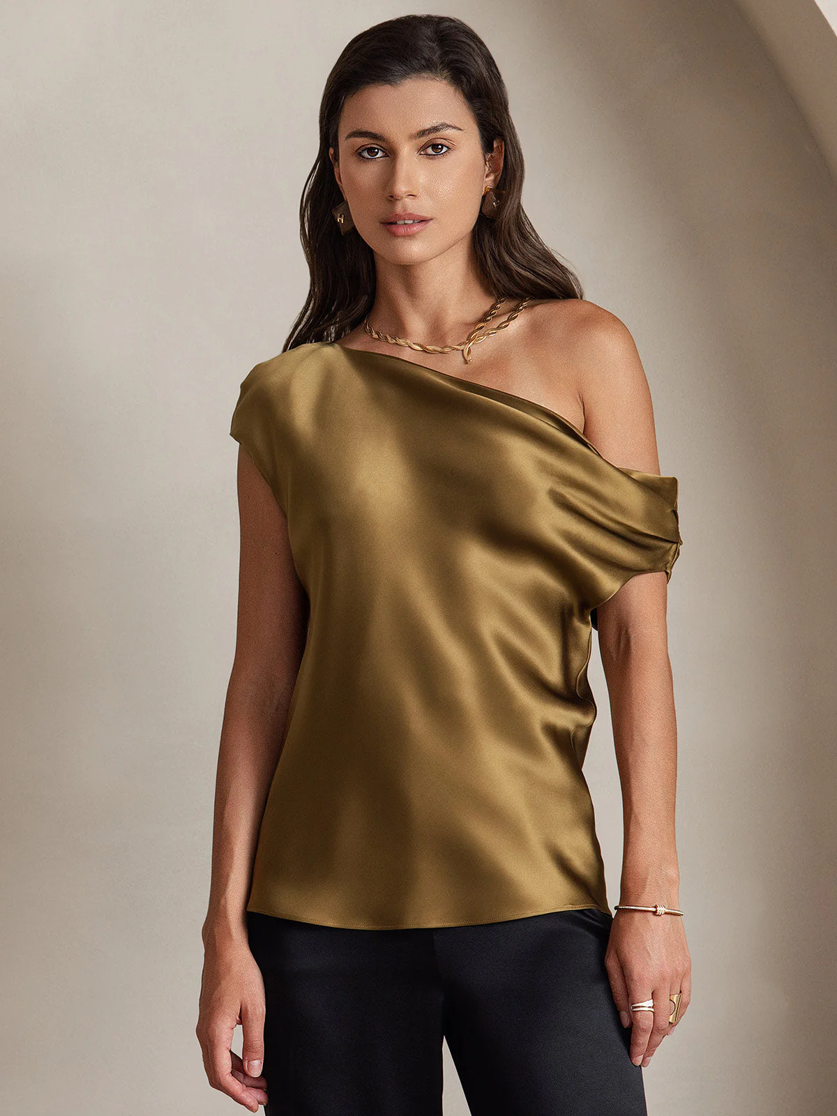 Clearance - 19Momme Seide Schicke Ein-Schulter Bluse - Image 8