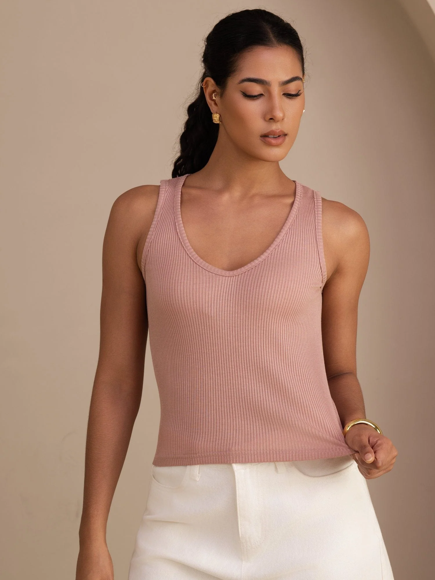 Damen Tanktop Aus Seiden Baumwollmischung Mit Tiefem V Ausschnitt Und Ärmellosem Design - Image 16