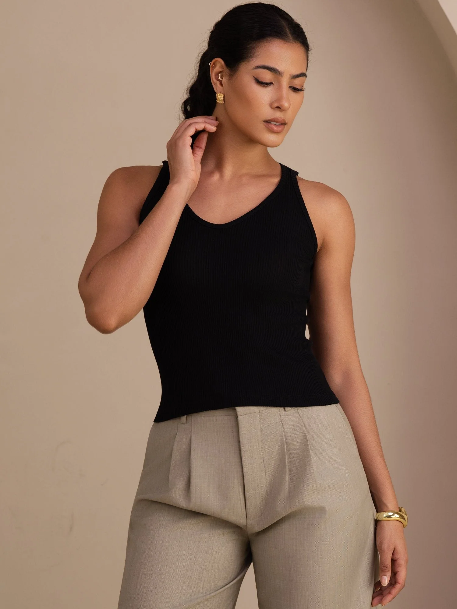 Damen Tanktop Aus Seiden Baumwollmischung Mit Tiefem V Ausschnitt Und Ärmellosem Design - Image 4