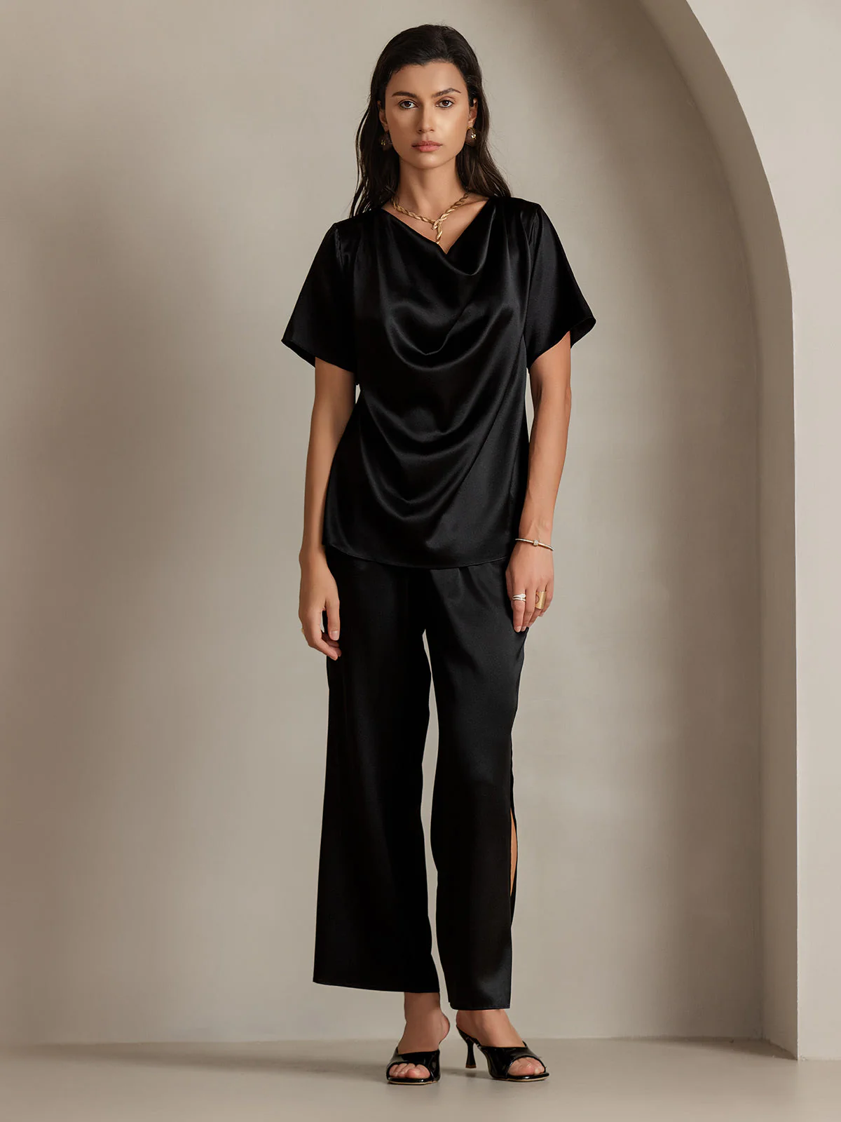 19Momme Seiden-Casual-Cowl-Neck-Kurzarm-T-Shirt - Image 10