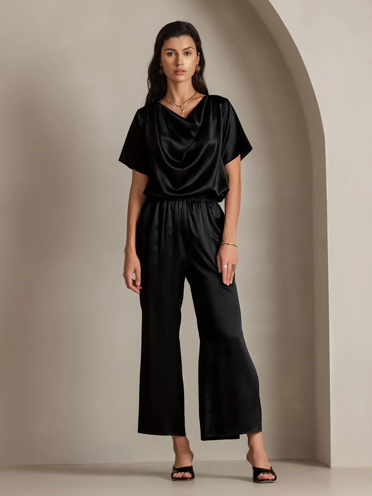 19Momme Seiden-Casual-Cowl-Neck-Kurzarm-T-Shirt - Image 11