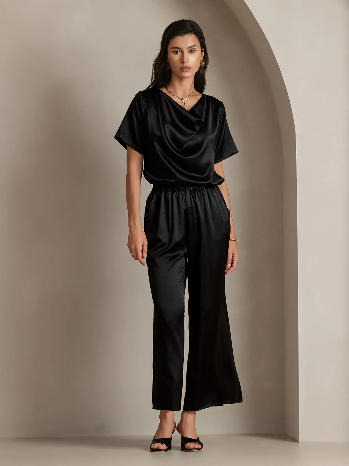 19Momme Seiden-Casual-Cowl-Neck-Kurzarm-T-Shirt - Image 12