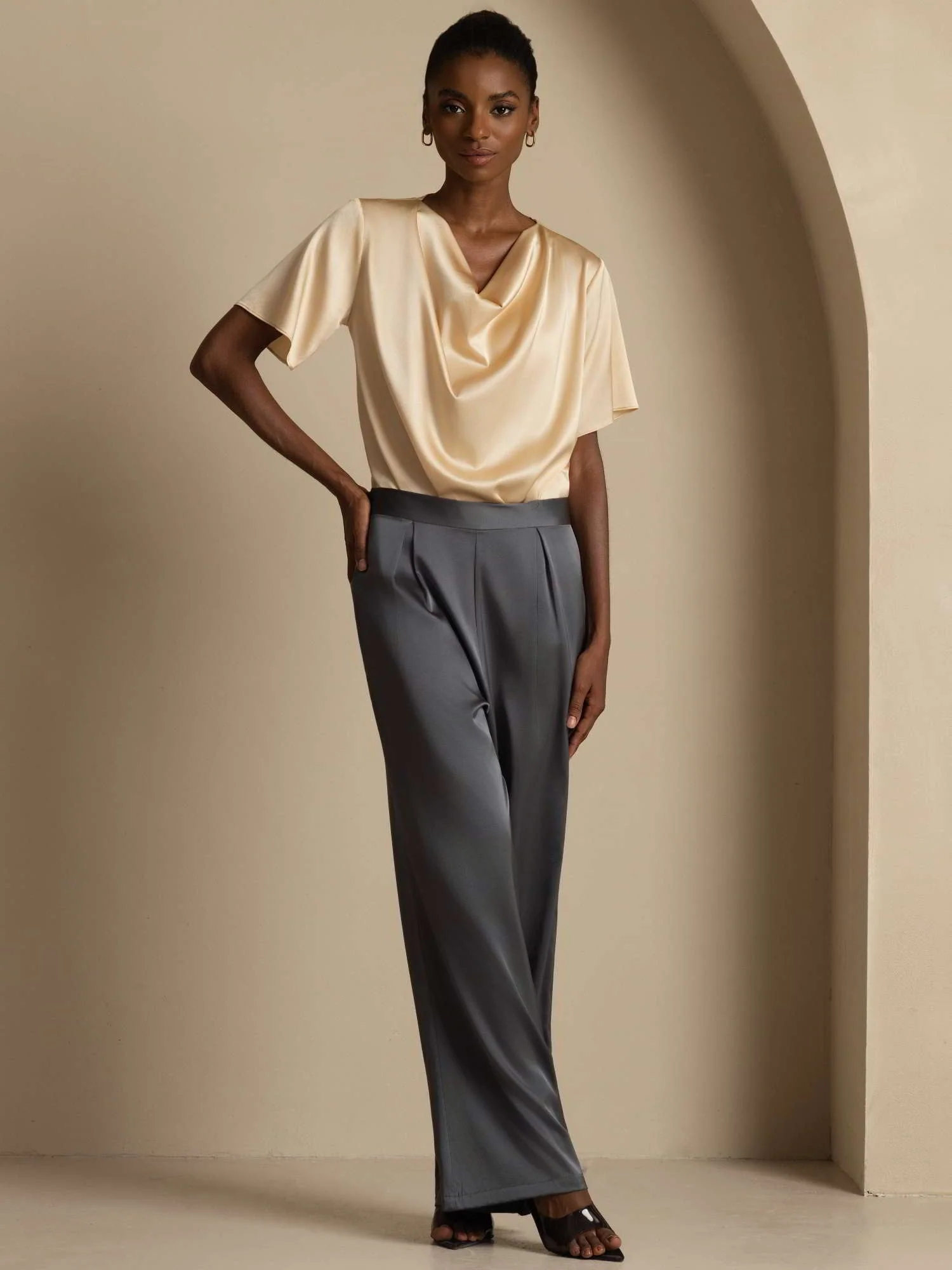 19Momme Seiden-Casual-Cowl-Neck-Kurzarm-T-Shirt - Image 20