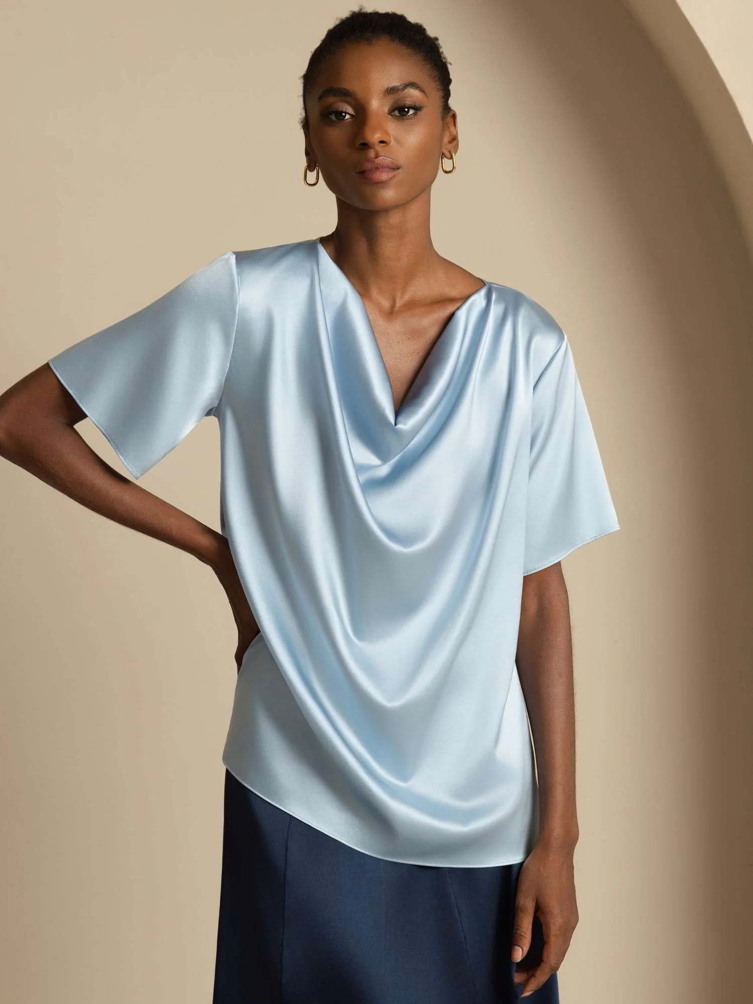 19Momme Seiden-Casual-Cowl-Neck-Kurzarm-T-Shirt - Image 21