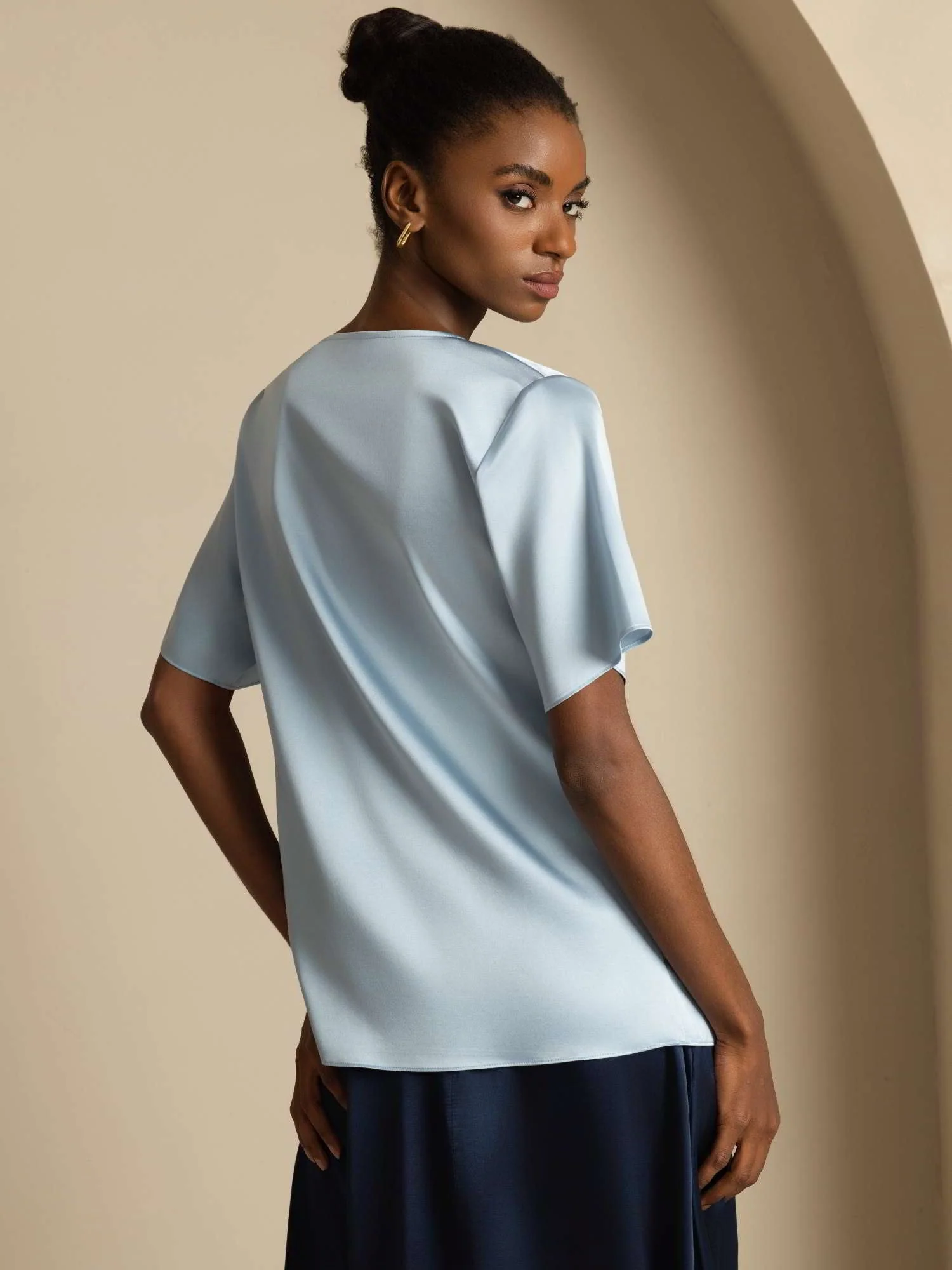 19Momme Seiden-Casual-Cowl-Neck-Kurzarm-T-Shirt - Image 22