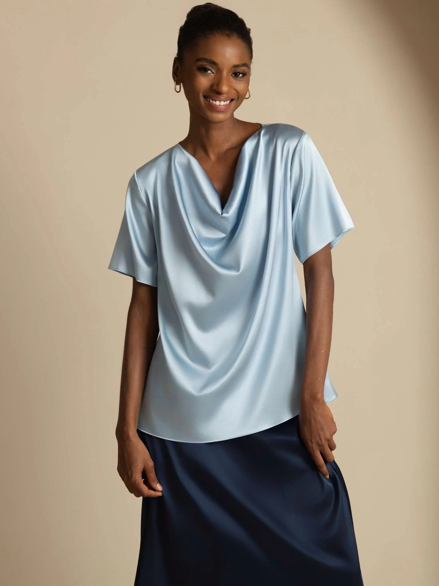 19Momme Seiden-Casual-Cowl-Neck-Kurzarm-T-Shirt - Image 24