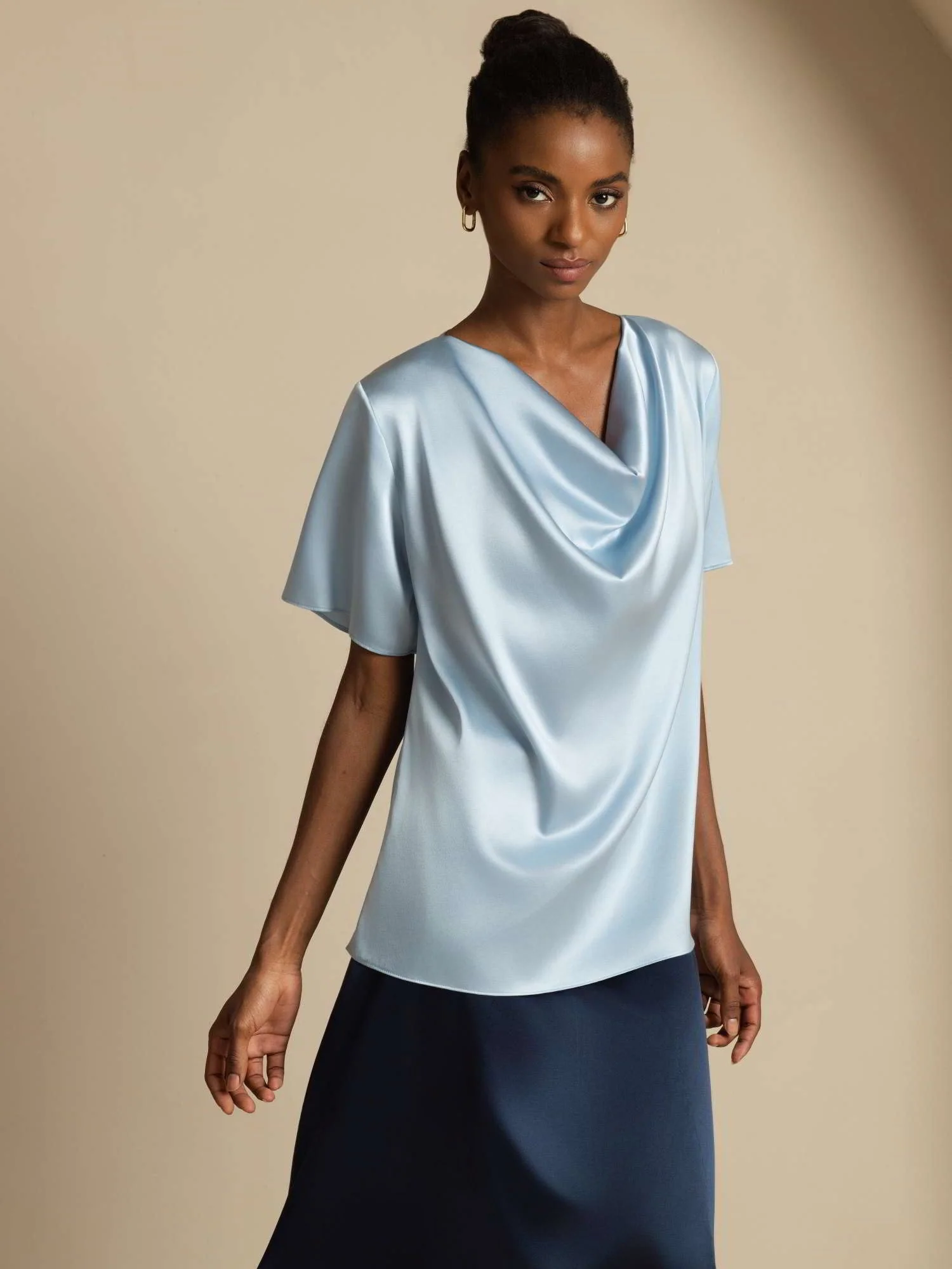 19Momme Seiden-Casual-Cowl-Neck-Kurzarm-T-Shirt - Image 25