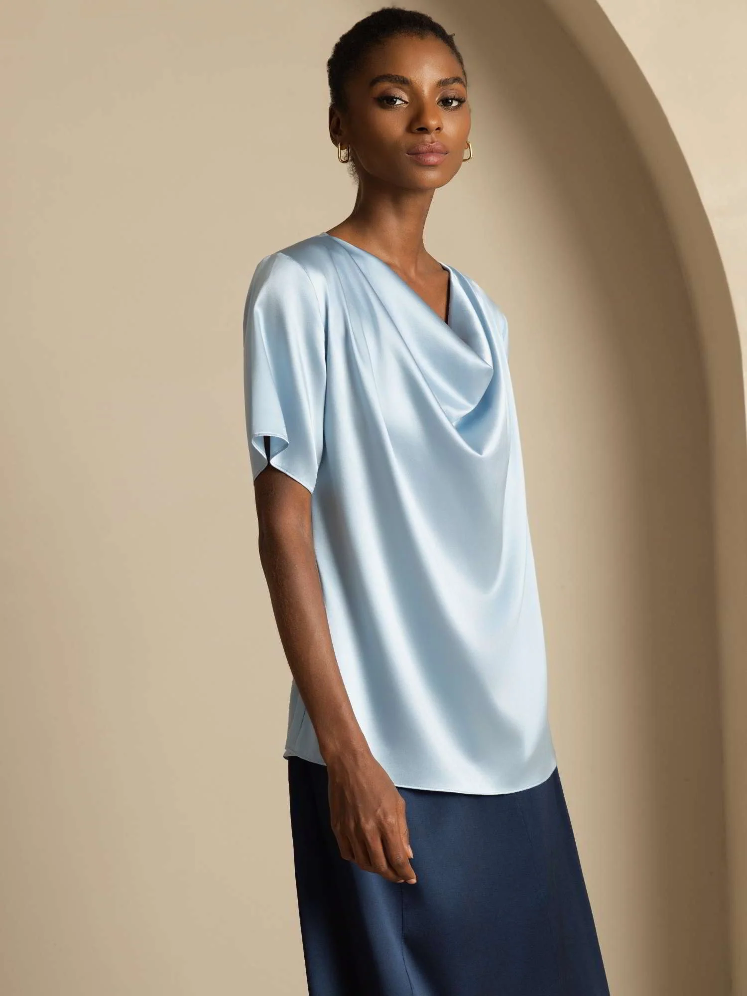 19Momme Seiden-Casual-Cowl-Neck-Kurzarm-T-Shirt - Image 26
