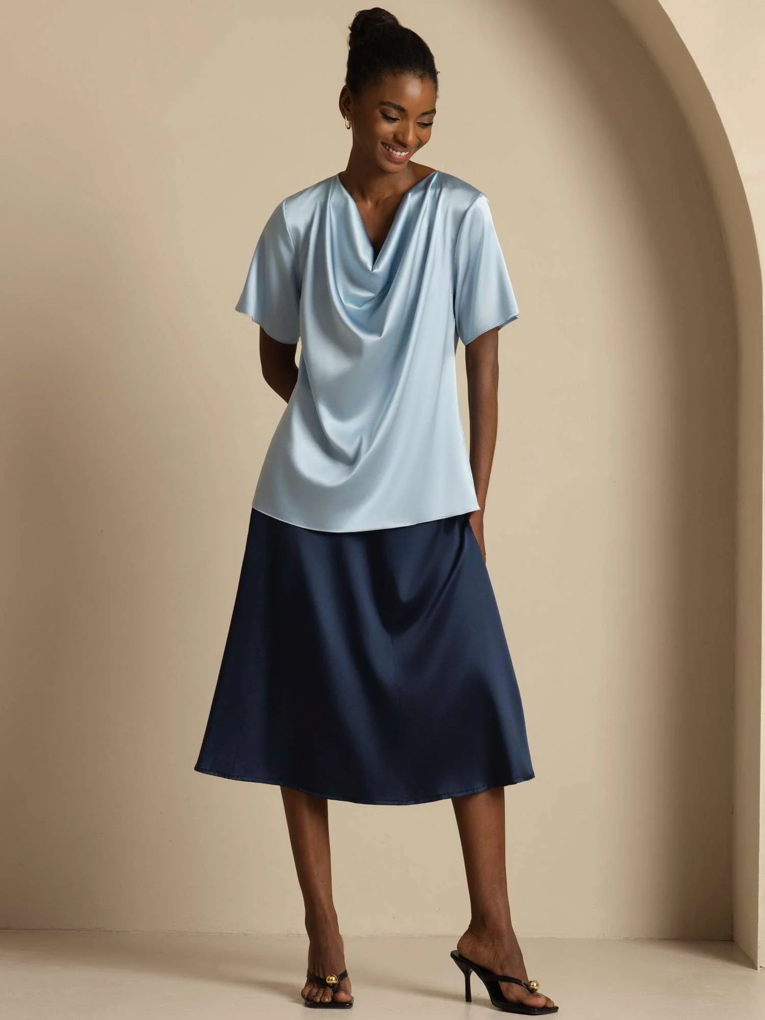 19Momme Seiden-Casual-Cowl-Neck-Kurzarm-T-Shirt - Image 27