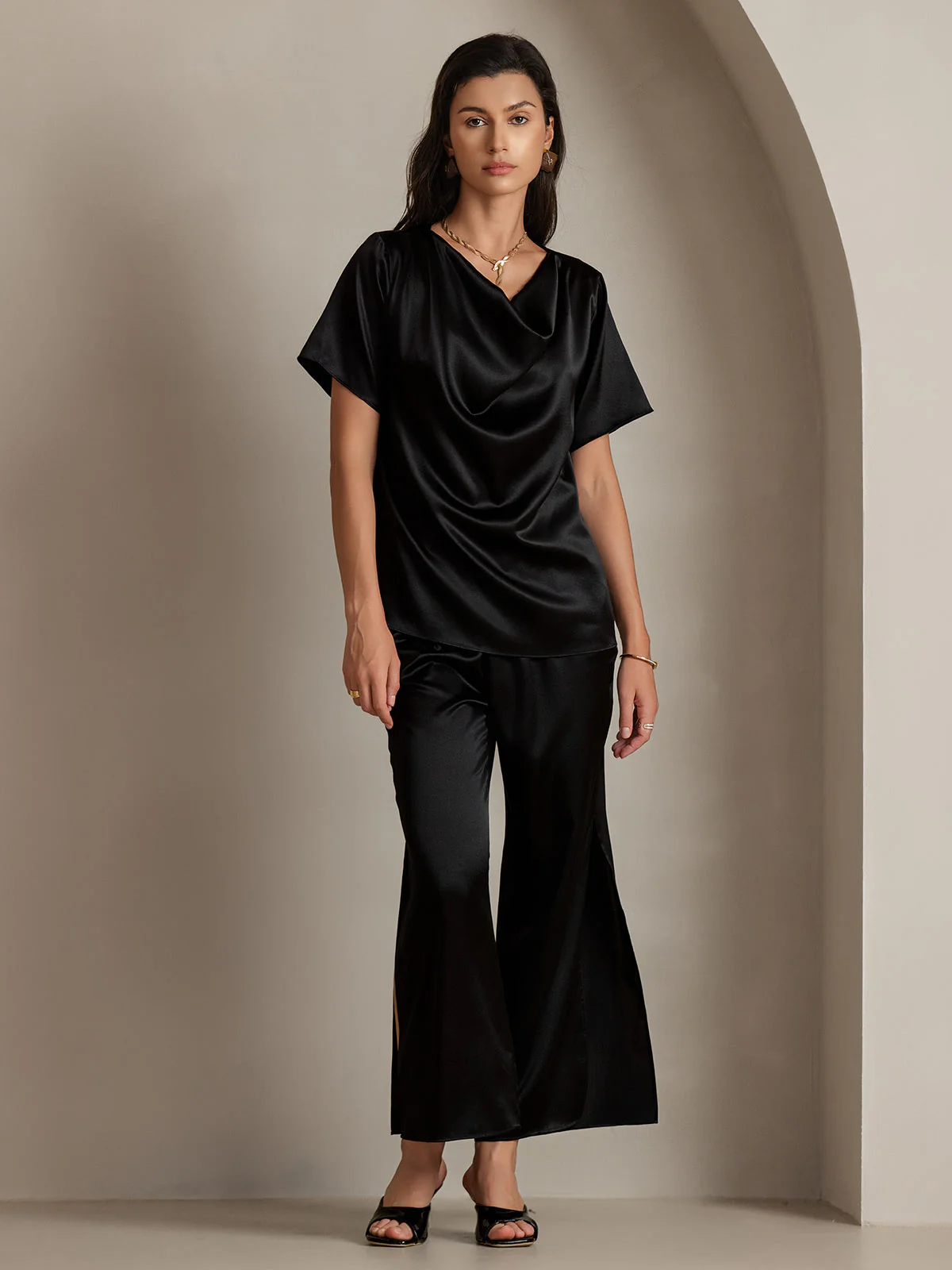 19Momme Seiden-Casual-Cowl-Neck-Kurzarm-T-Shirt - Image 9