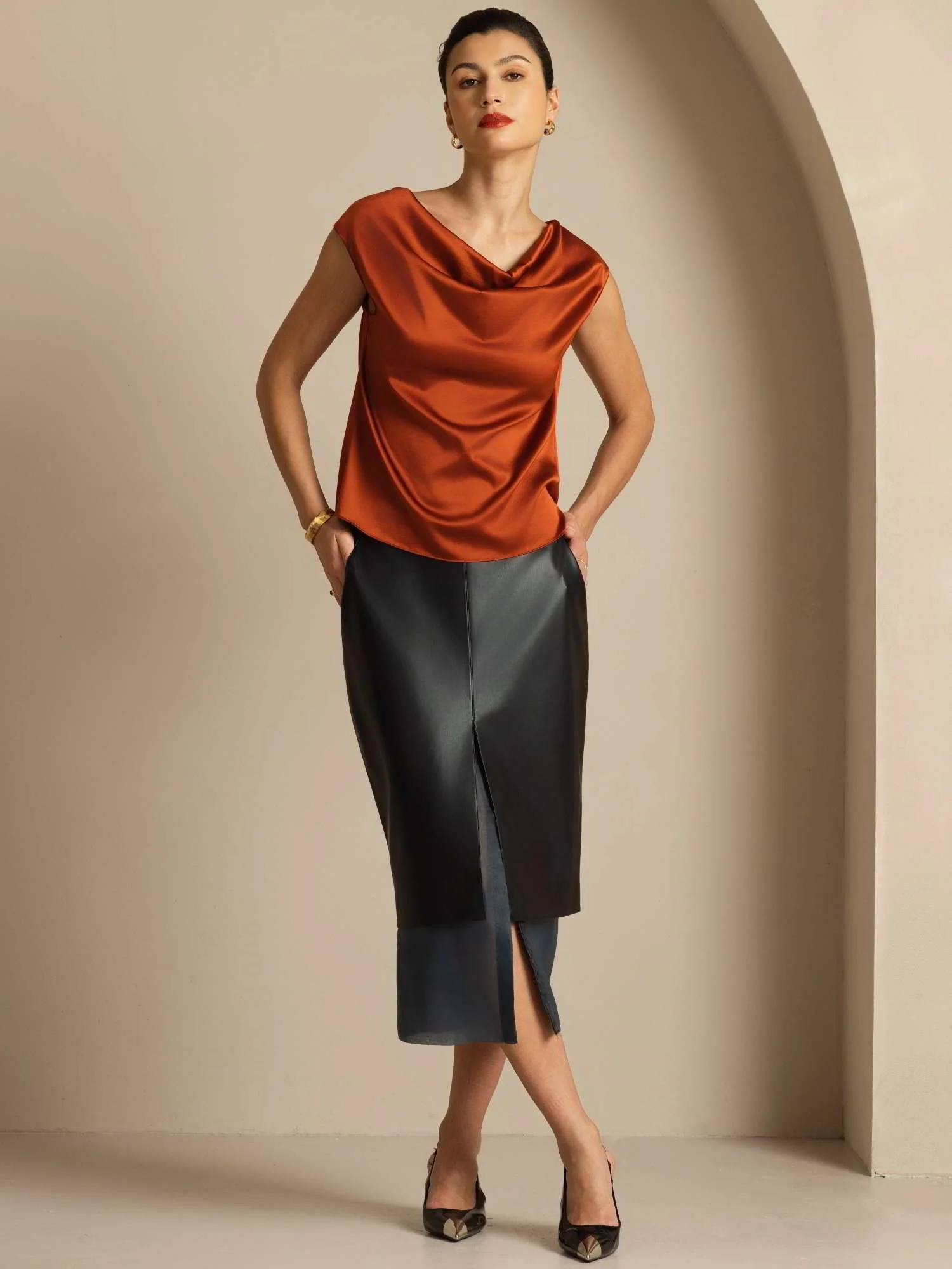 19Momme Seide Rollkragen Cap-Ärmel Bluse - Image 44