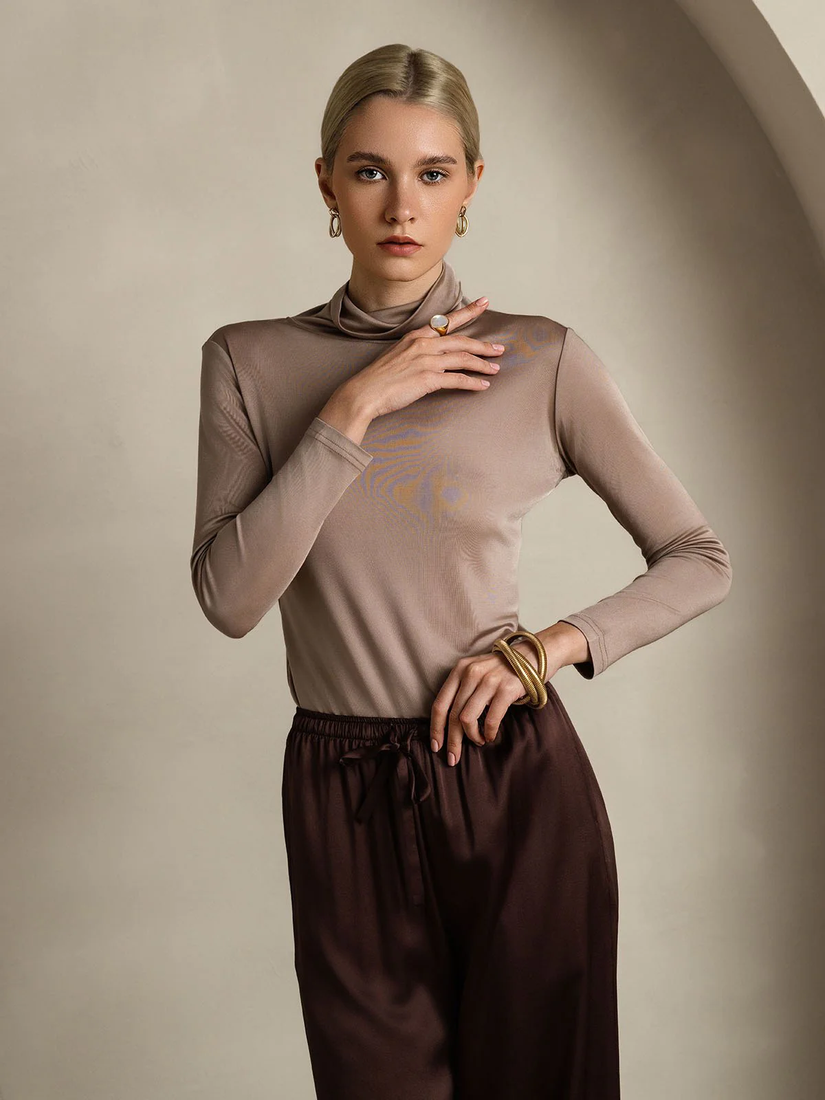 Seidenmischung Rollkragen Langarm T-Shirt - Image 22