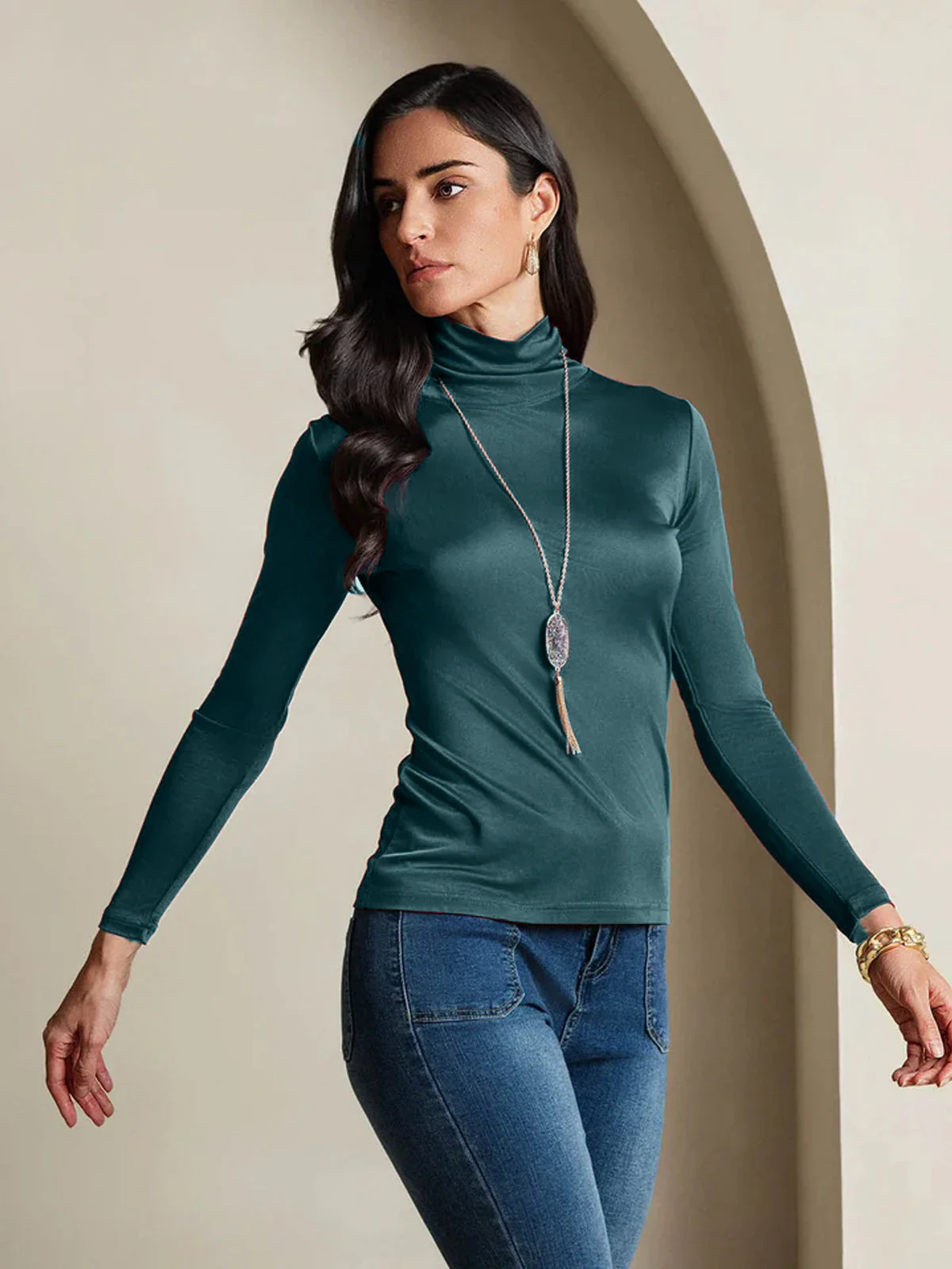 Seidenmischung Rollkragen Langarm T-Shirt - Image 35