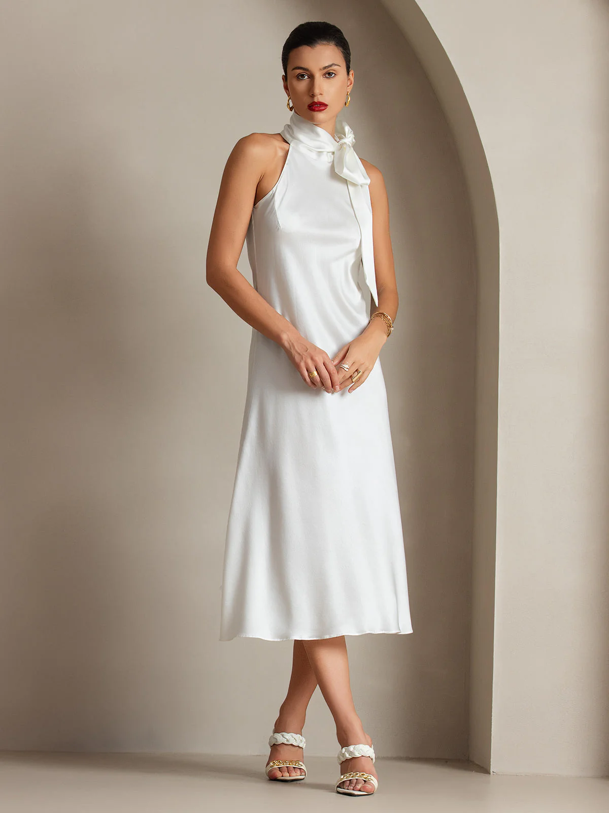 Clearance - 19Momme Seide Schleifenhals Kleid - Image 5