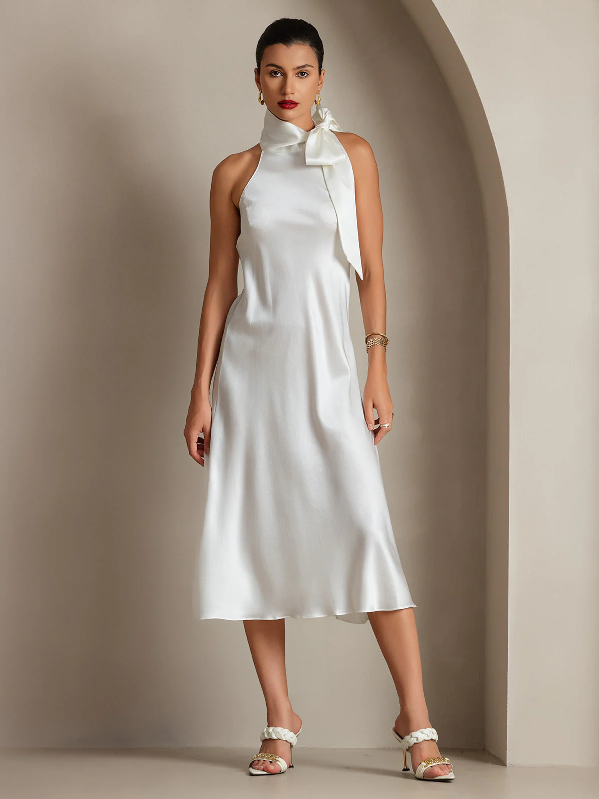 Clearance - 19Momme Seide Schleifenhals Kleid - Image 8