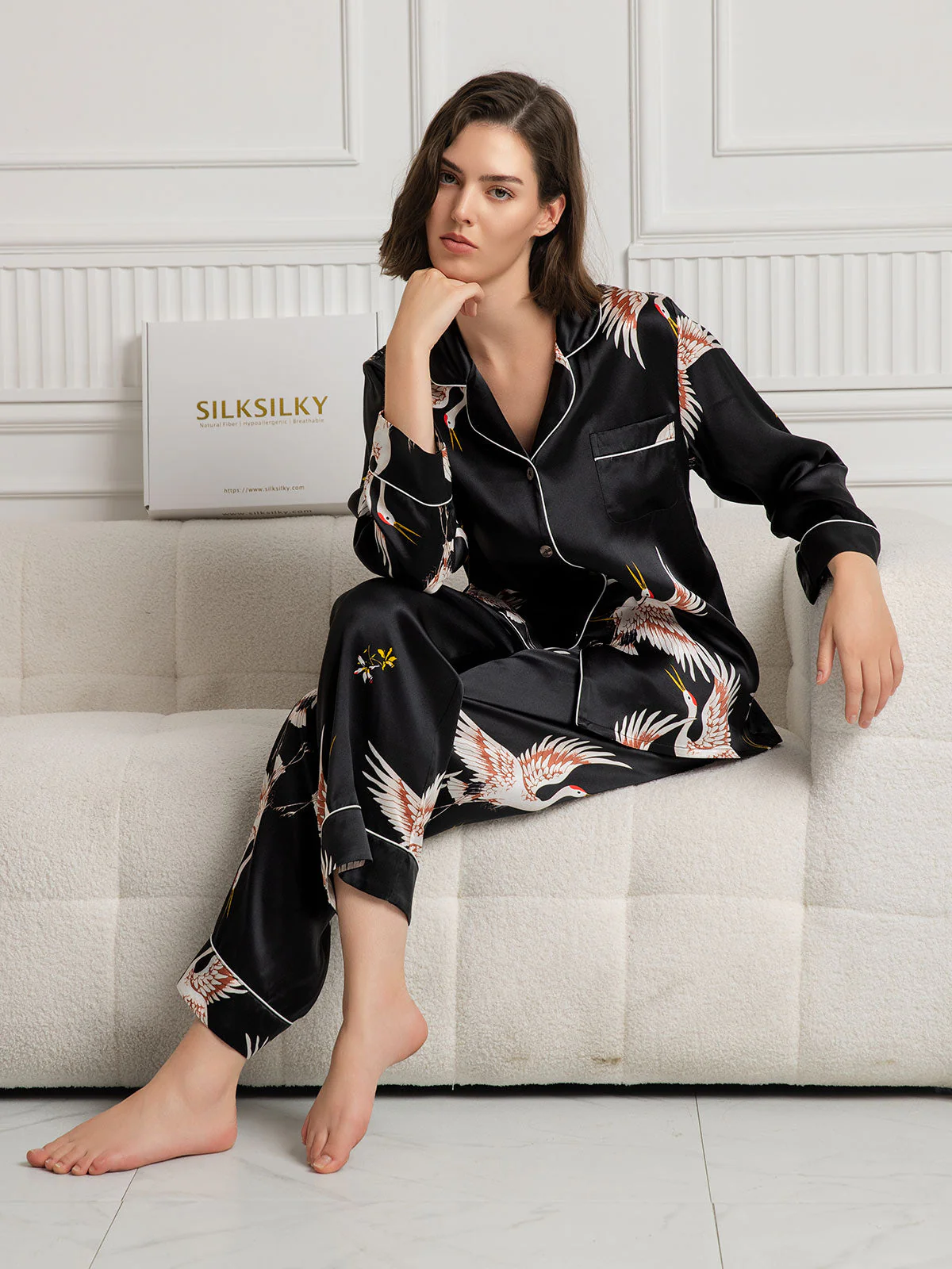 19Momme Damen Reines Seidenpyjama Set Mit Kranichdruck Und Langarmkragen - Image 28