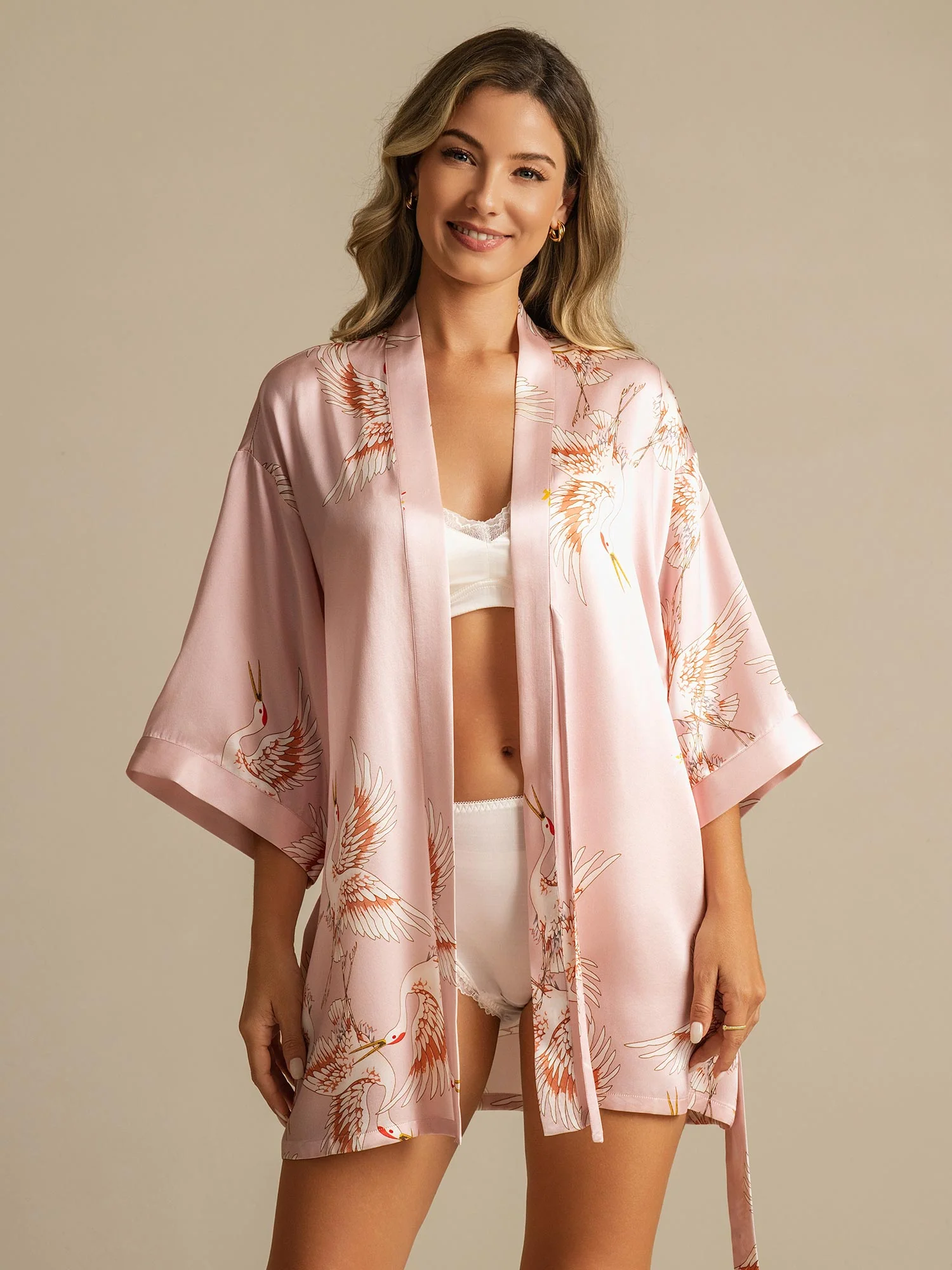 19Momme Damen Reine Seide Kranichdruck Kurz Kimono Bademantel Mit 3/4-Ärmeln - Image 11