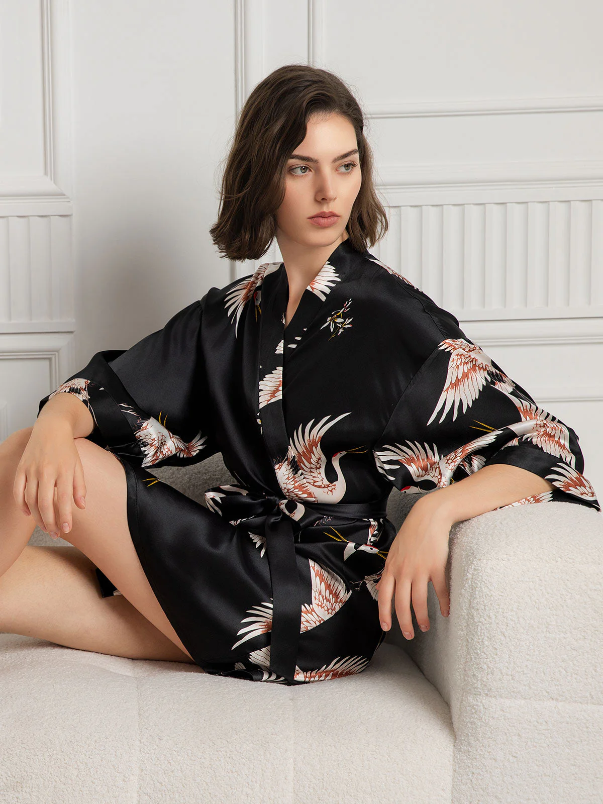 19Momme Damen Reine Seide Kranichdruck Kurz Kimono Bademantel Mit 3/4-Ärmeln - Image 22