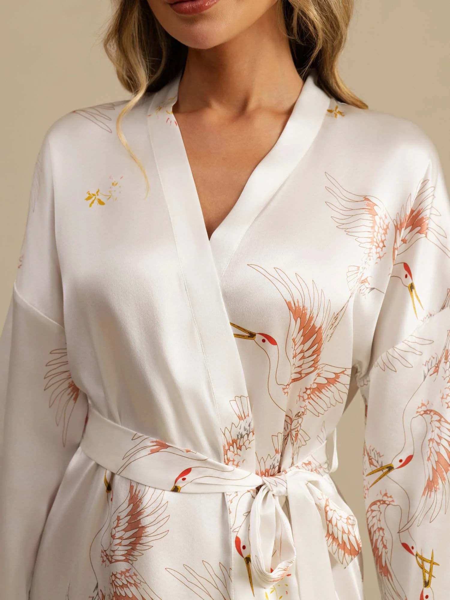 19Momme Damen Reine Seide Kranichdruck Kurz Kimono Bademantel Mit 3/4-Ärmeln - Image 28