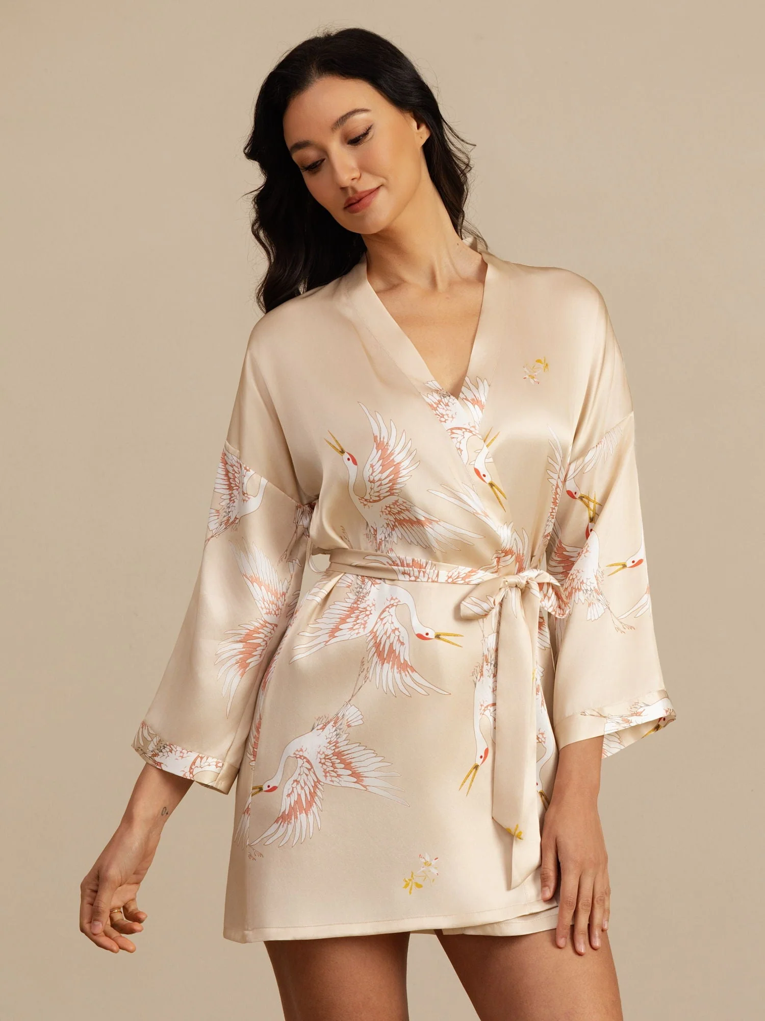 19Momme Damen Reine Seide Kranichdruck Kurz Kimono Bademantel Mit 3/4-Ärmeln - Image 38