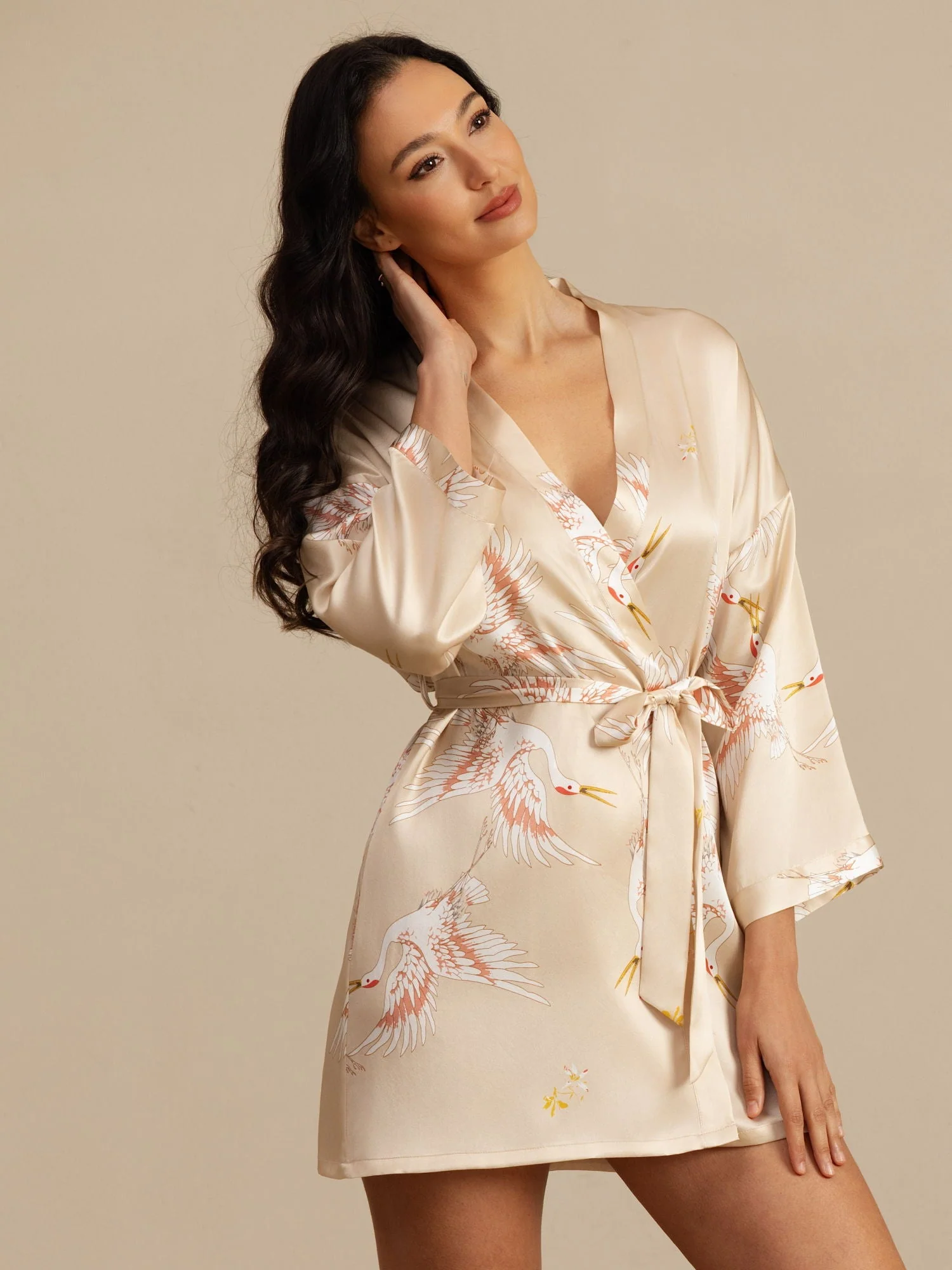 19Momme Damen Reine Seide Kranichdruck Kurz Kimono Bademantel Mit 3/4-Ärmeln - Image 42