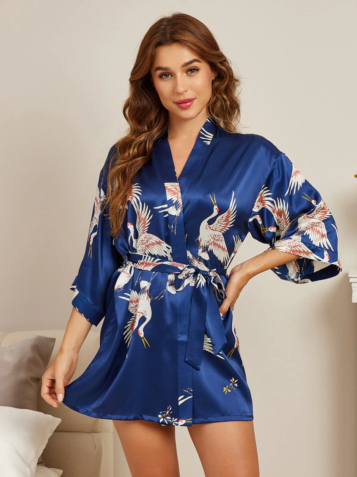 19Momme Damen Reine Seide Kranichdruck Kurz Kimono Bademantel Mit 3/4-Ärmeln - Image 7
