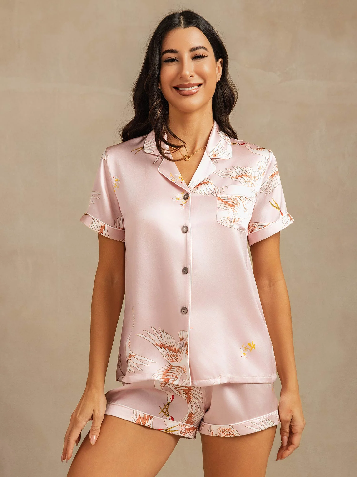 19Momme Damen Reine Seide Kranich Print Kurzarm Pyjama Set - Image 15