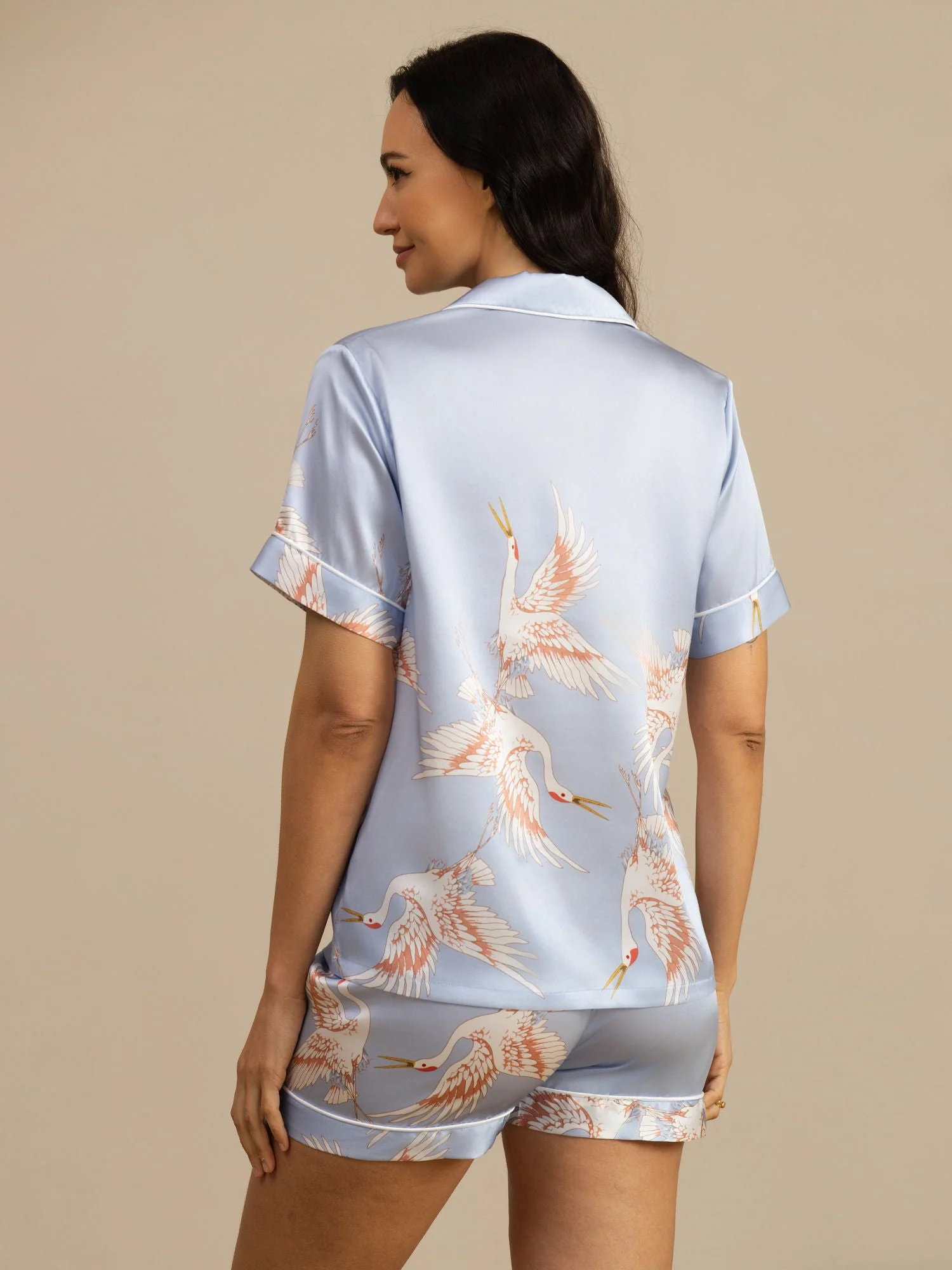 19Momme Damen Reine Seide Kranich Print Kurzarm Pyjama Set - Image 30