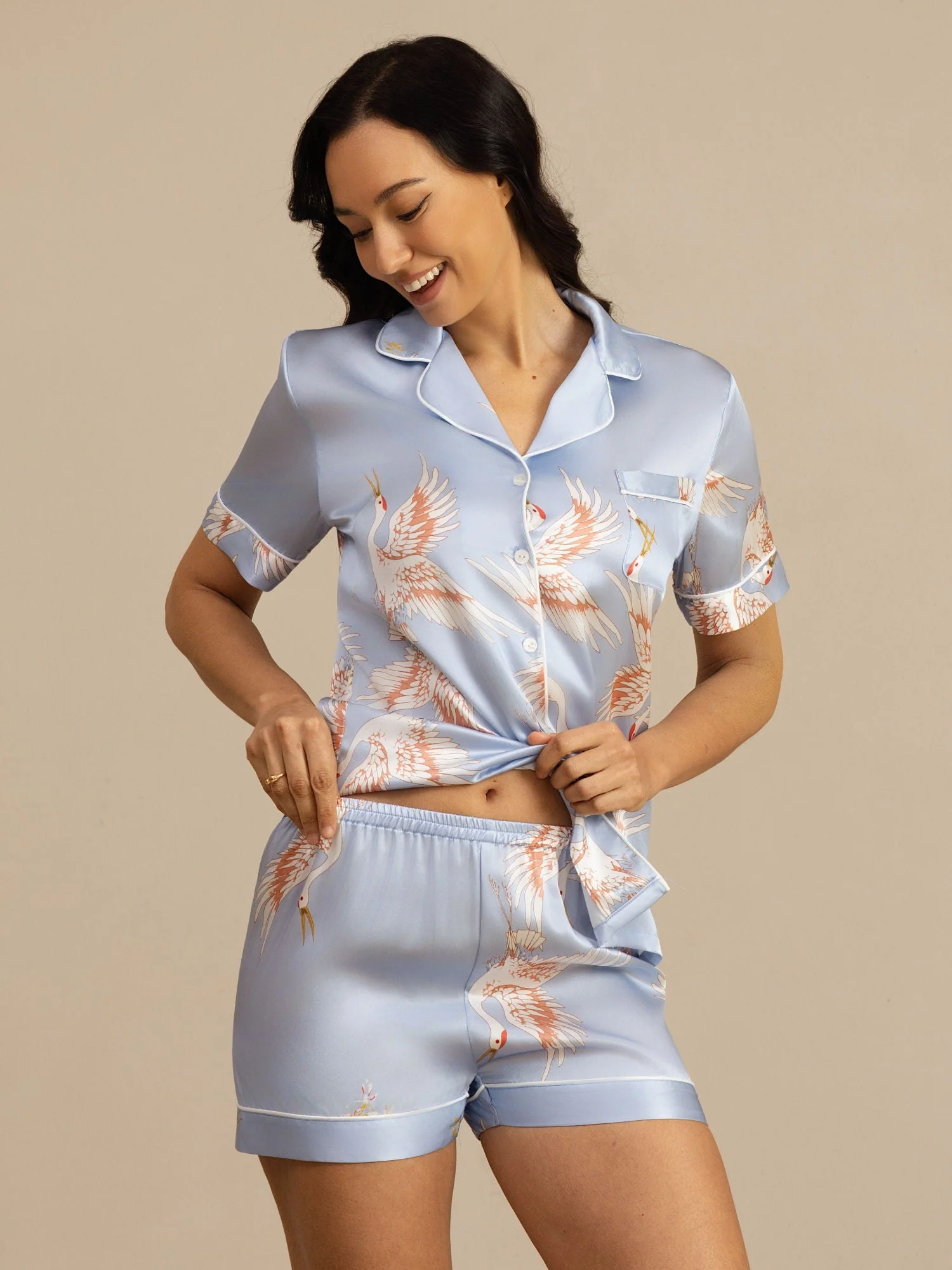 19Momme Damen Reine Seide Kranich Print Kurzarm Pyjama Set - Image 32
