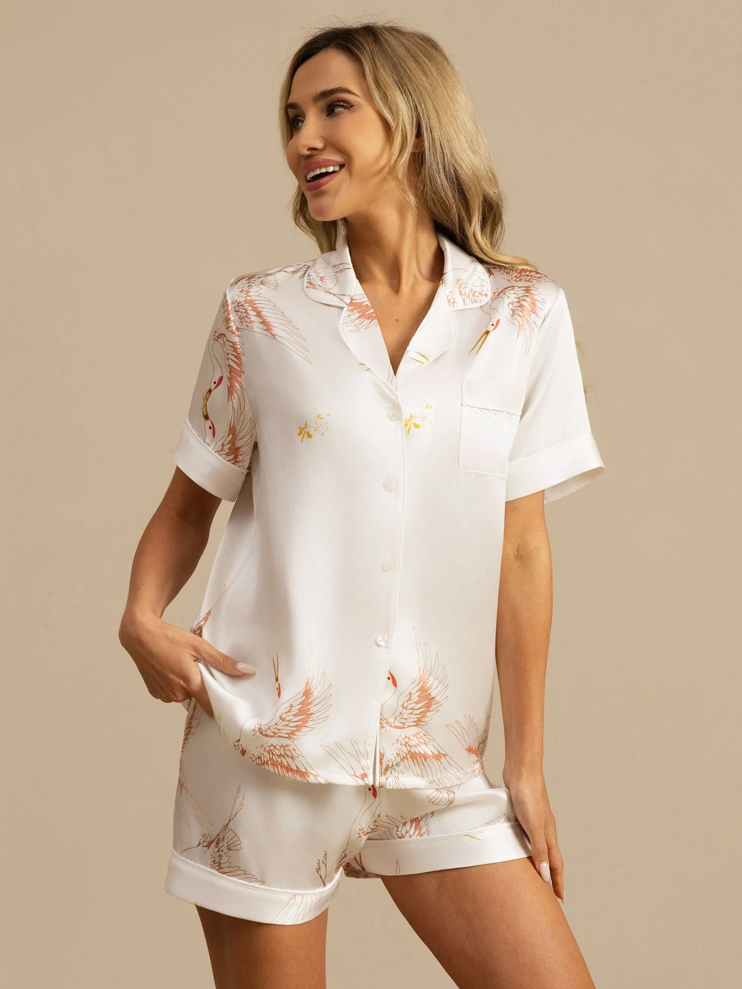 19Momme Damen Reine Seide Kranich Print Kurzarm Pyjama Set - Image 38