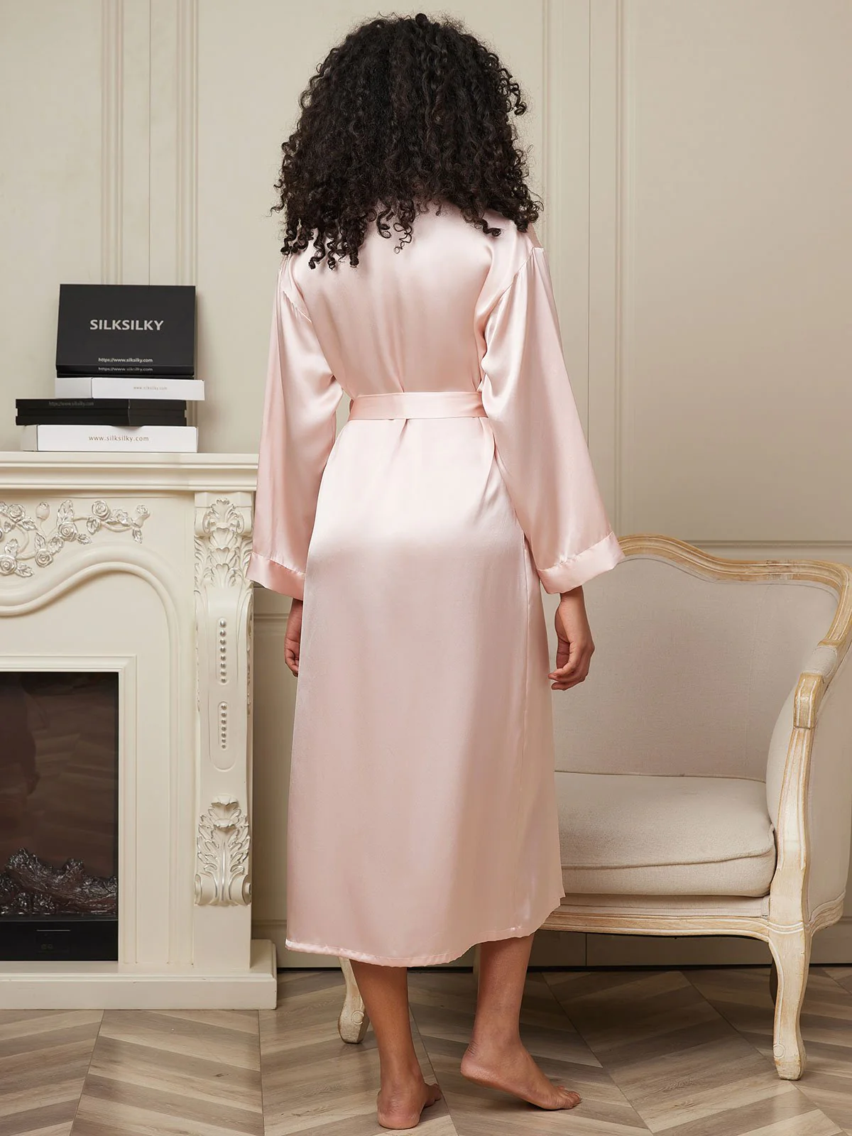 100% Maulbeerseide Langarm Midi Damen Bademantel - Image 34