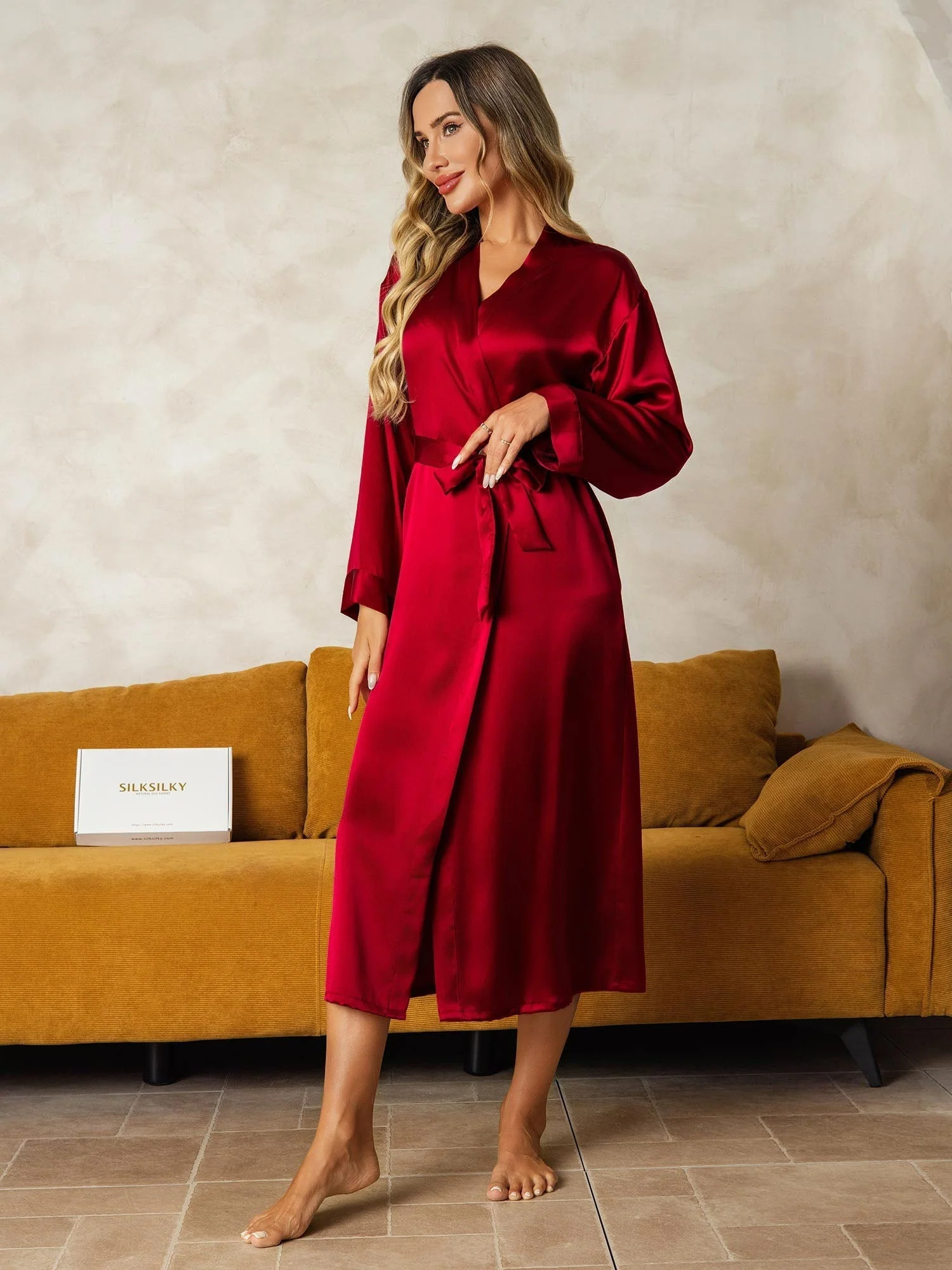 100% Maulbeerseide Langarm Midi Damen Bademantel - Image 4