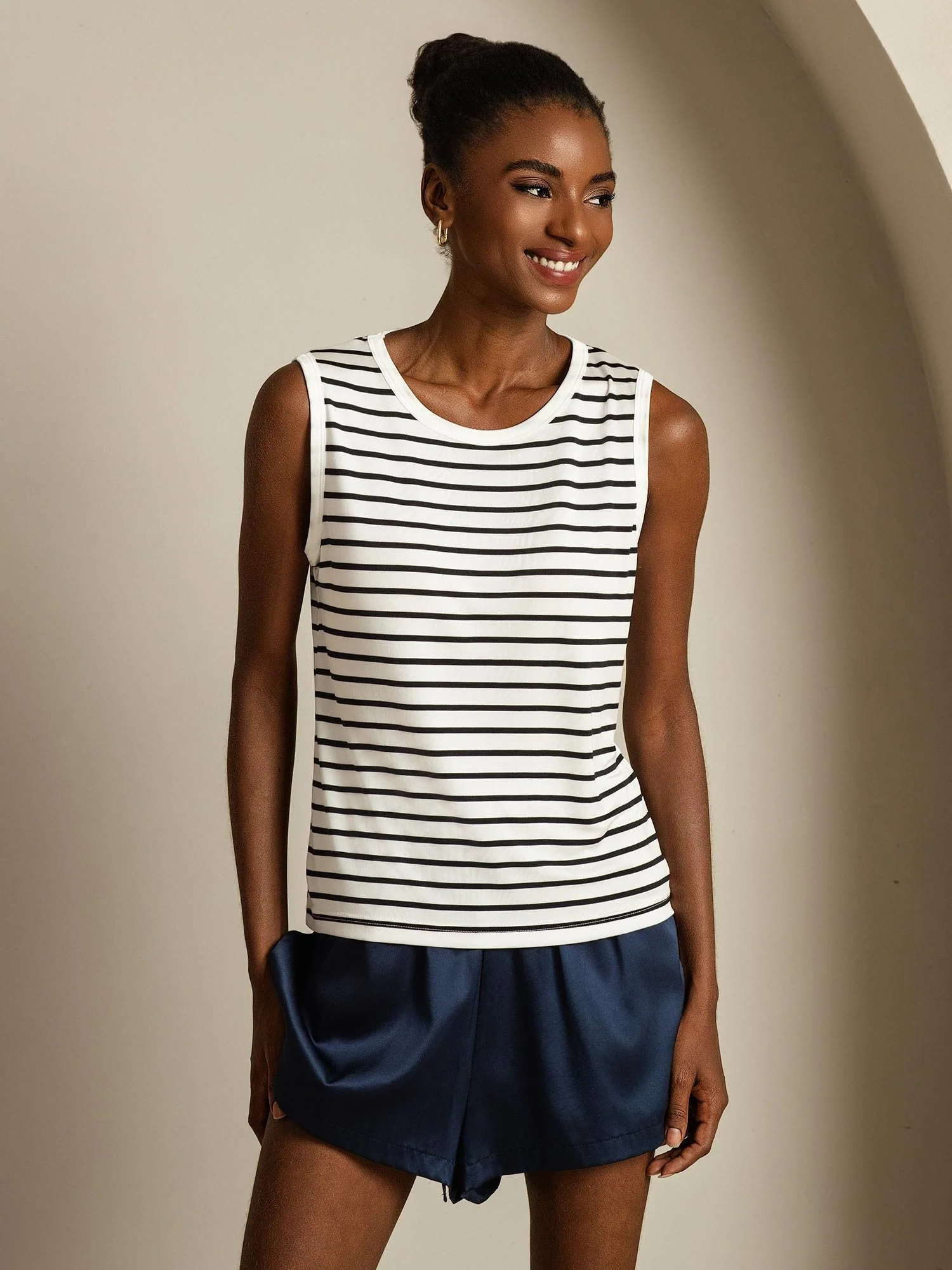 Damen Reines Seide Rundhals Sport Streifen Tanktop