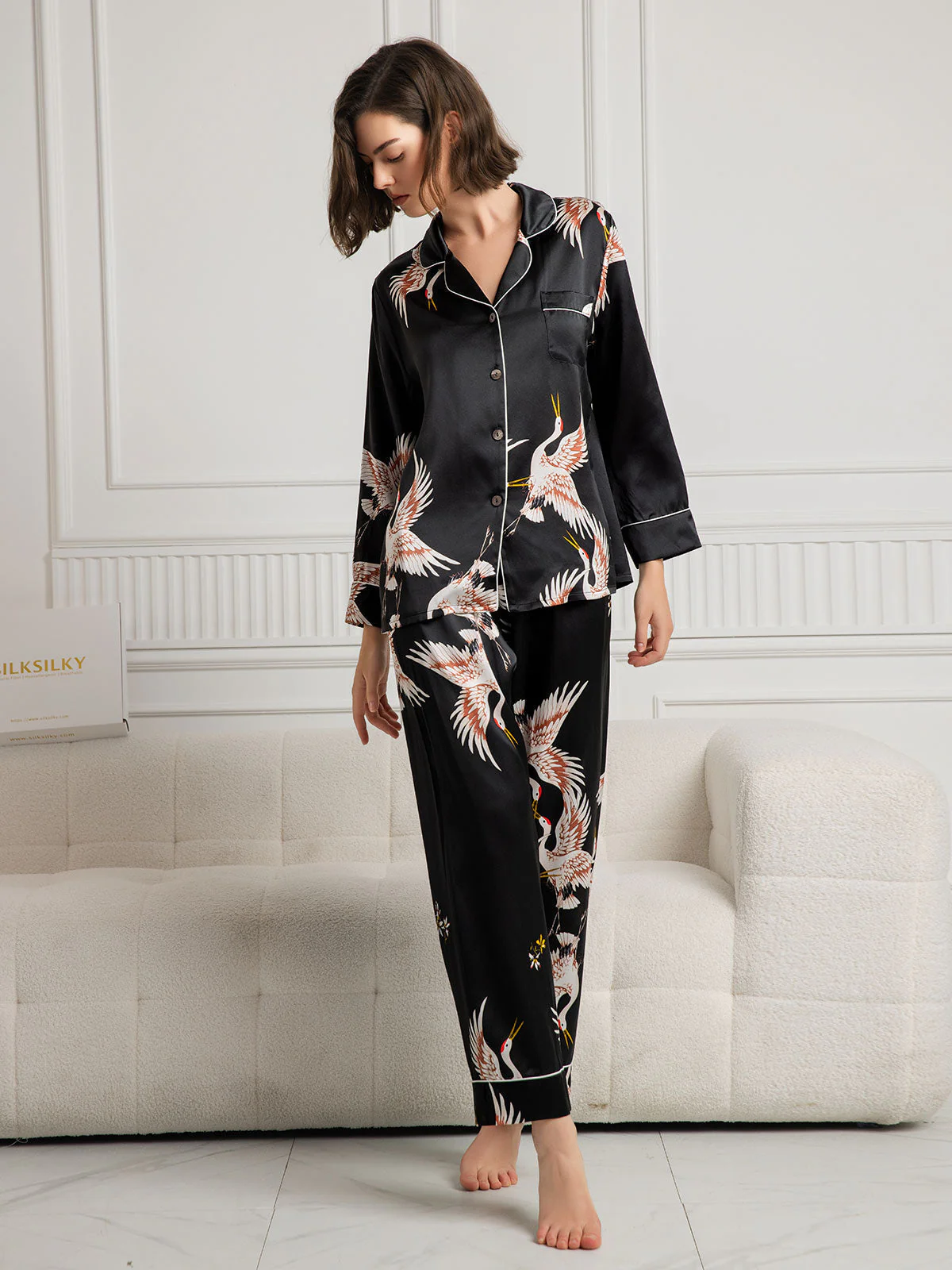 19Momme Reines Seidenpyjama Set Für Damen Mit Kranichdruck Und Langarmkragen - Image 28