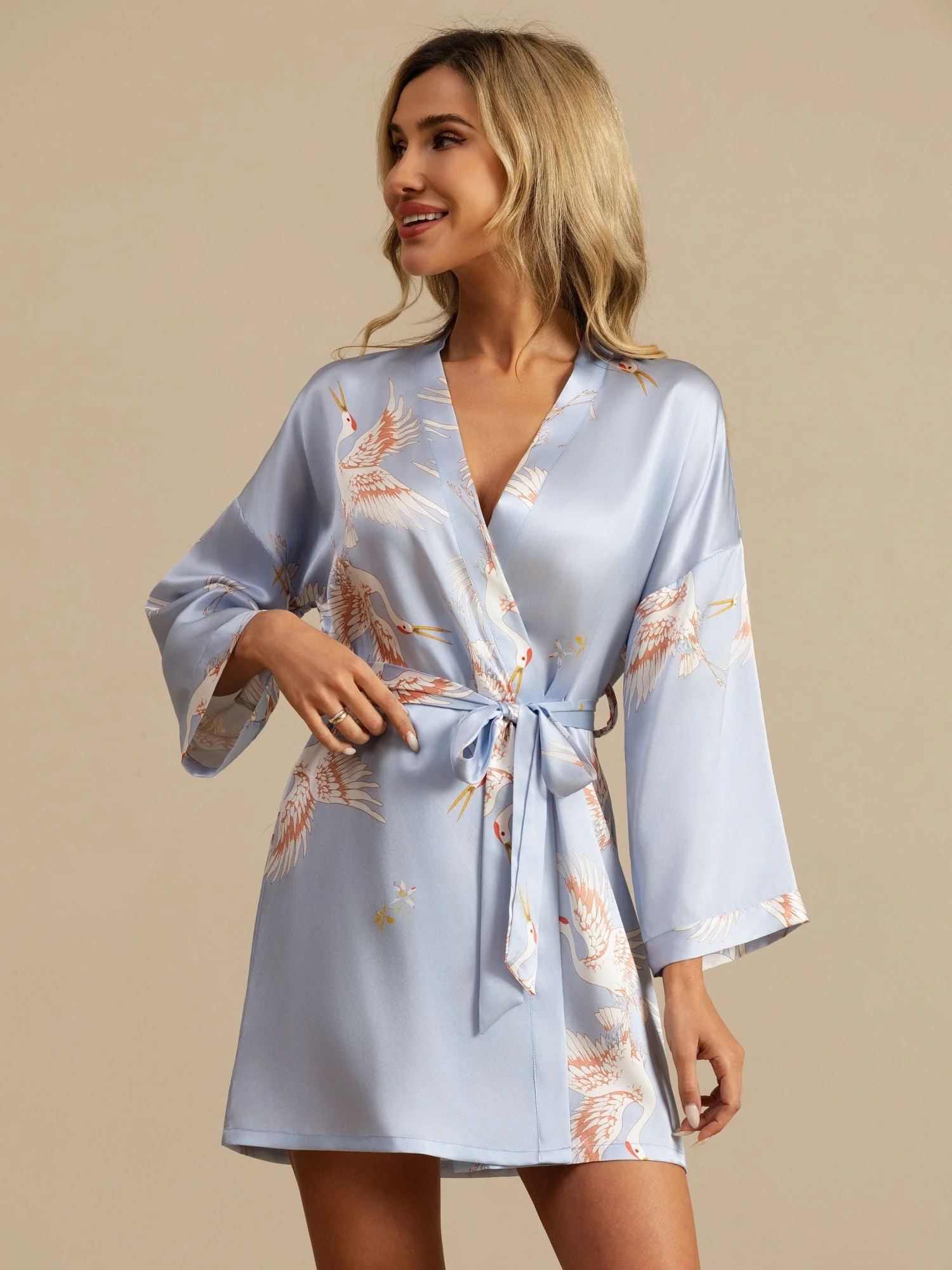 19Momme Reine Seide Kranichdruck Kurz Kimono Bademantel Für Damen Mit Wickeldesign 3/4-Ärmeln - Image 26