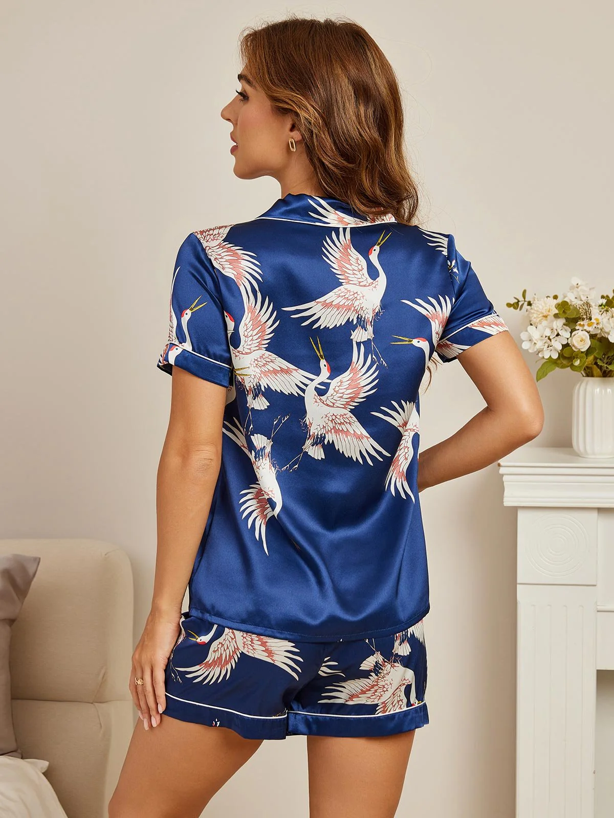 19Momme Damen Reine Seide Kranich Print Kurzarm Notch Kragen Pyjama Set - Image 17
