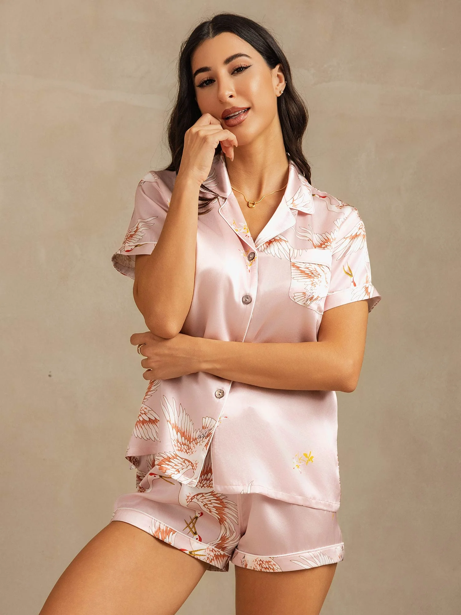 19Momme Damen Reine Seide Kranich Print Kurzarm Notch Kragen Pyjama Set - Image 3