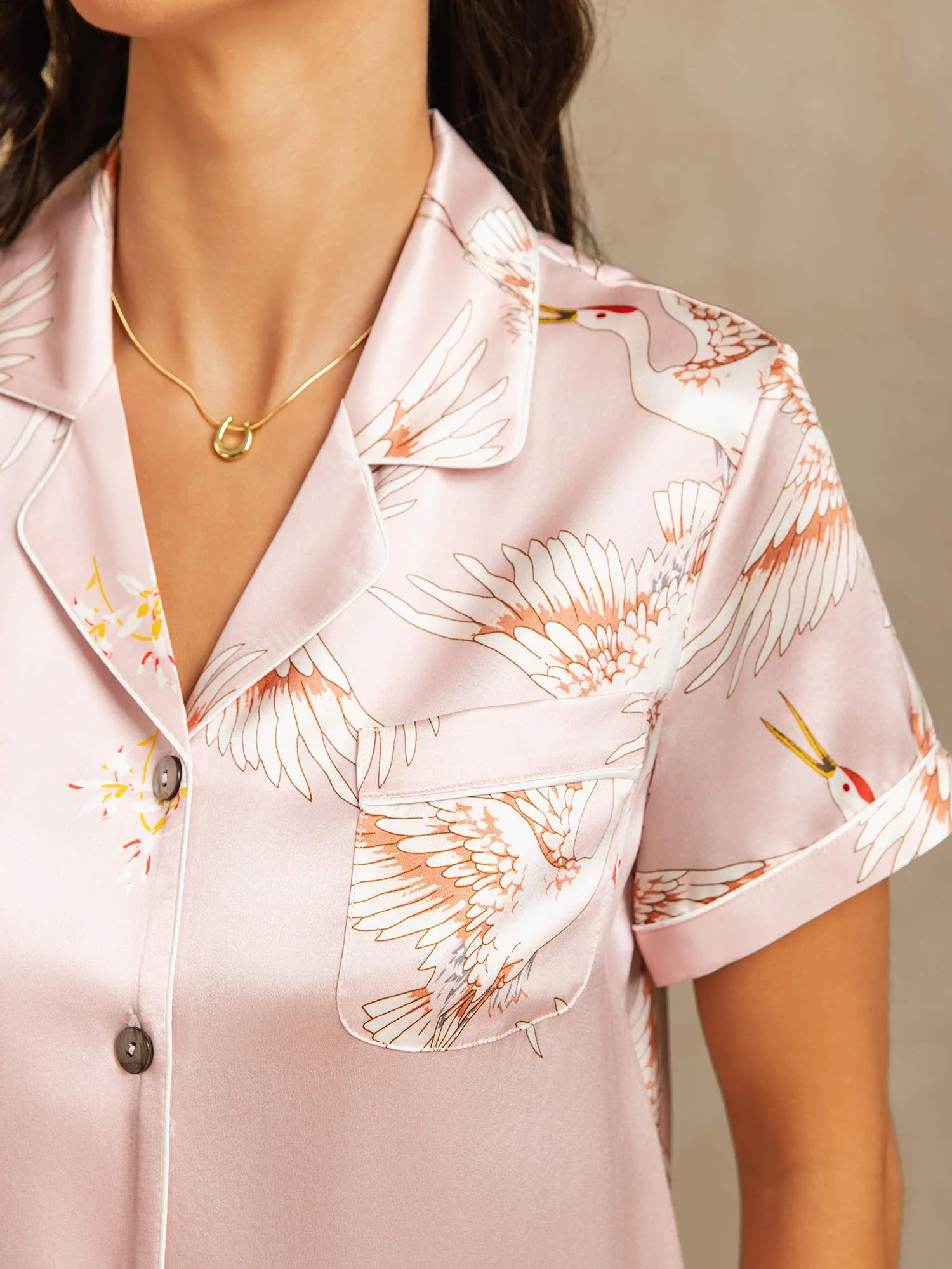 19Momme Damen Reine Seide Kranich Print Kurzarm Notch Kragen Pyjama Set - Image 4