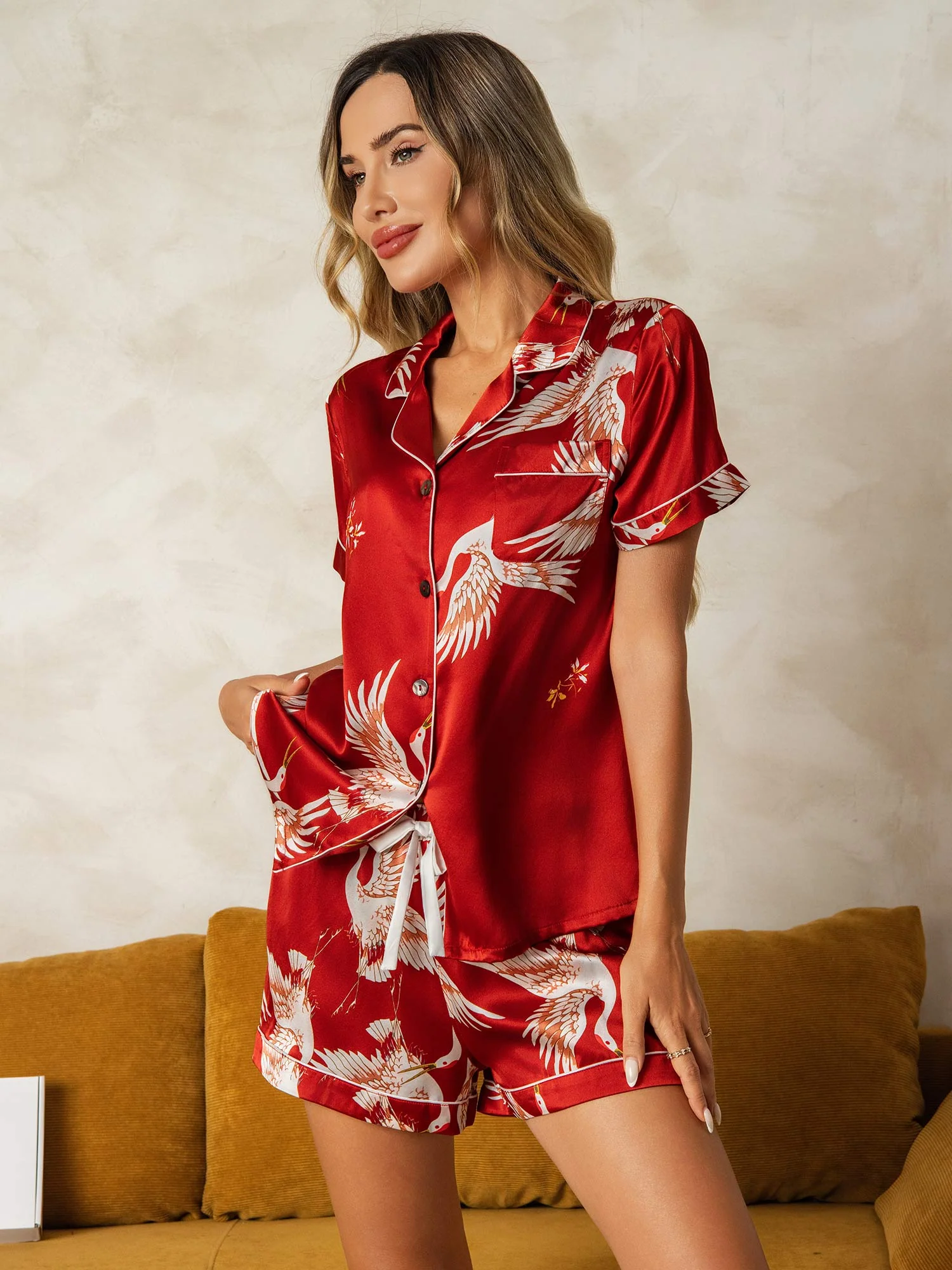 19Momme Damen Reine Seide Kranich Print Kurzarm Notch Kragen Pyjama Set - Image 9